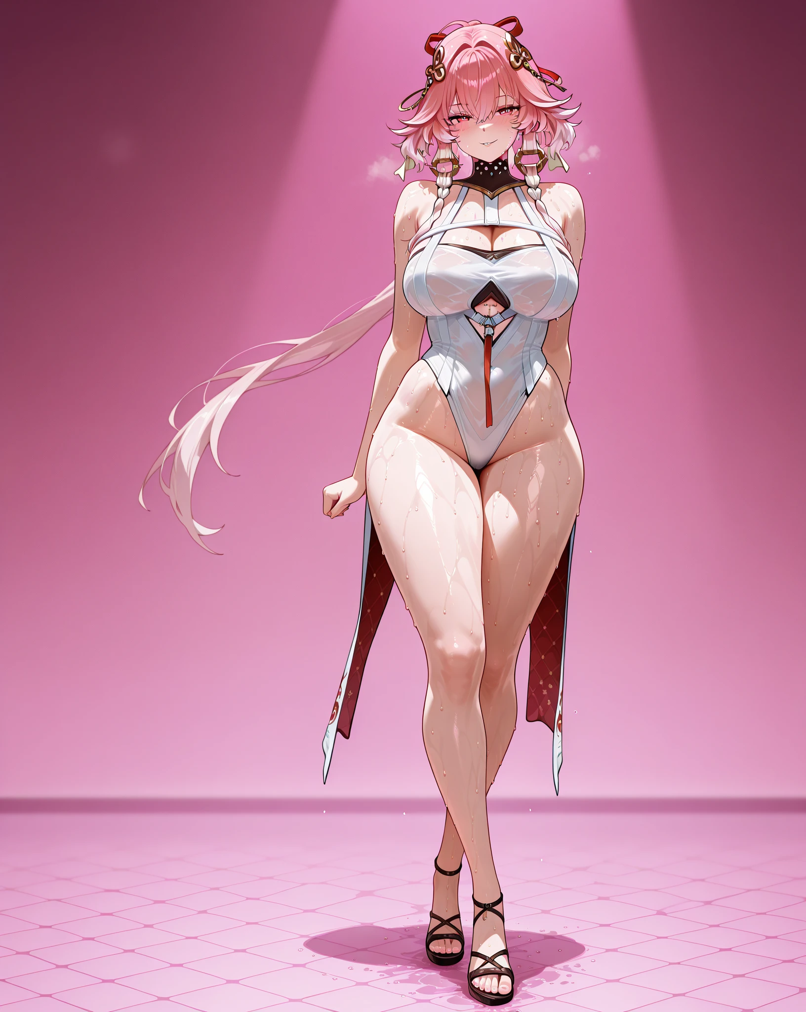 Masters of Animation, A perfect masterpiece, On a snow-white background、Cool outfits, Sexy and modern clothing、Sexy mature modern woman standing, Flowing pink hair, Spanish Curly Hair, Full Body Stand Posture, Thin legs, ((Large Breasts)), Detailed facial details, Natural and beautiful standing posture, Crisp and realistic body detail,(NSFW:0.9)