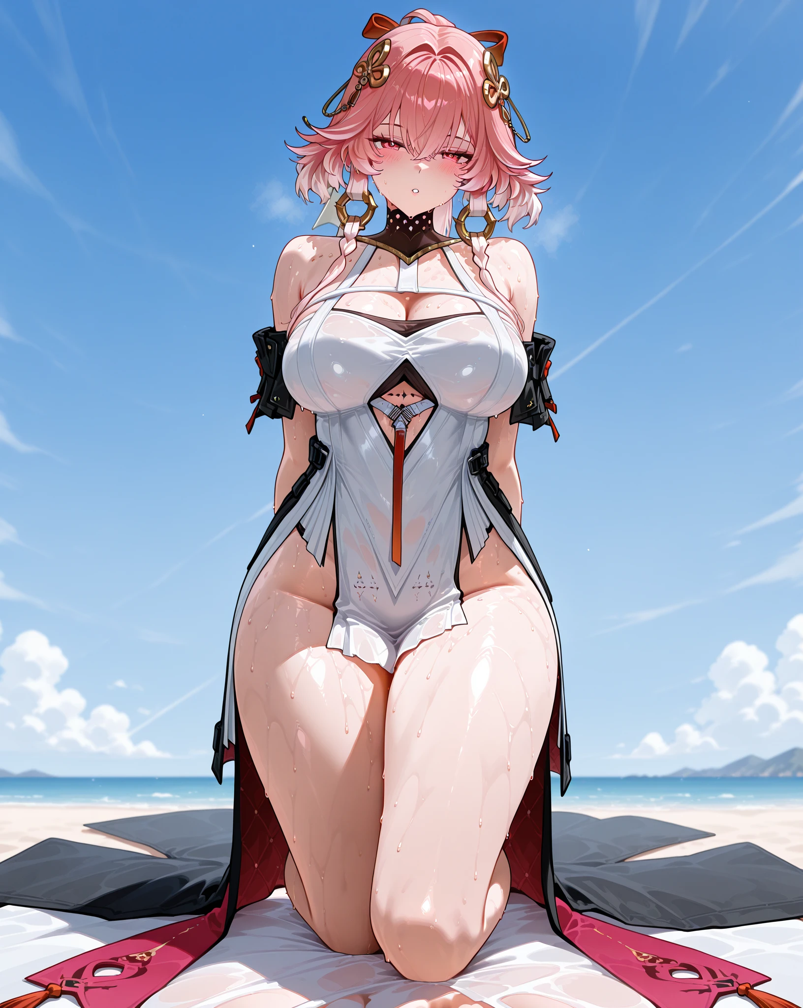Shore,sky,Cloud,Sunset,(Bare legs:1.1),Beautiful detailed sky,Best quality,Amazing,Masterpiece,Delicate,Ultra detailed,超高分辨率,intricately details,Beautiful detailed,finely detailed,8K resolution,(rim lit),Sharp focus,High contrast,cel shading,Colorful,Strapless bikini,Organza lace,Red eyes,Reflectors,gigantic cleavage breasts,Covered,chest jewel,framed breasts,Lively breasts,Crystal earrings,(Furry:1.2),Dog girl,view the viewer,Long hair,Expressive hair,Floating hair,Thick thighs,Bare shoulders,鎖骨,