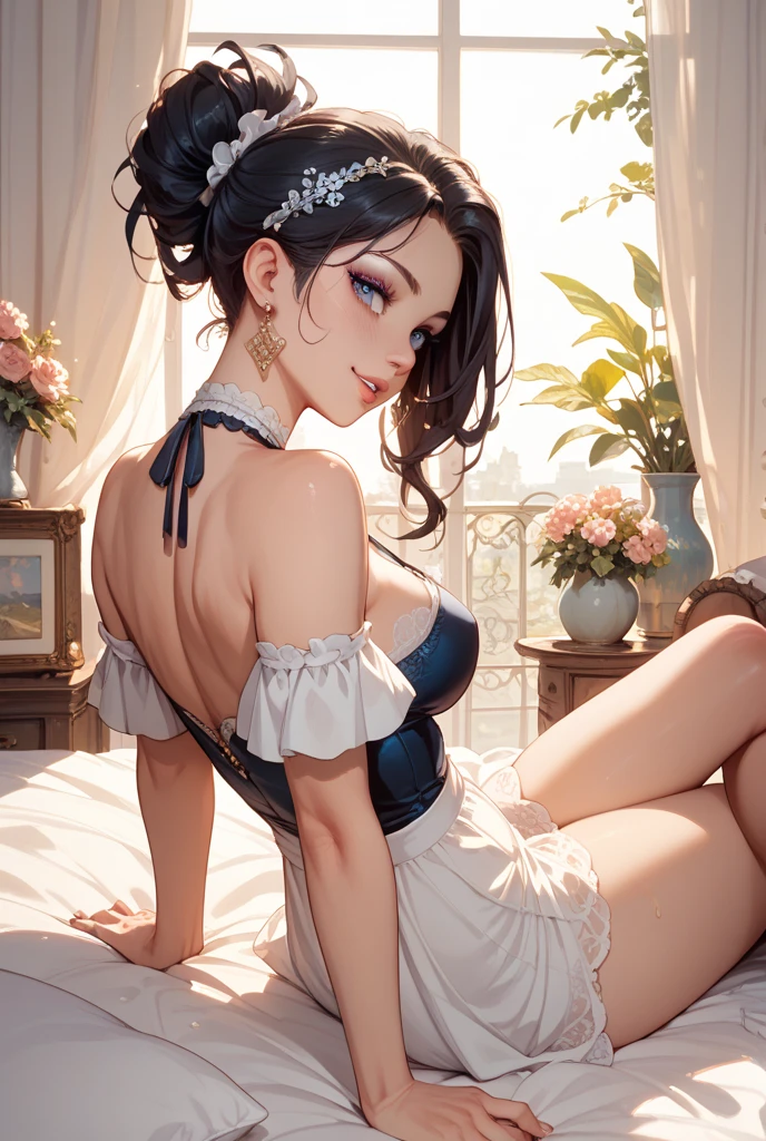 (masterpiece, best quality), 1girl, Blue-Black Mohawk Updo with Feather Hairpin, big breasts, Ash gray Wrap top and Floral print skirt, garter belt, Posing with hands on waist, looking over the shoulder.