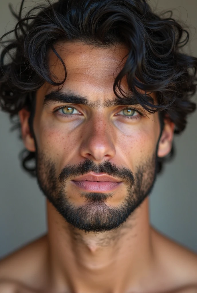 Man, tanned complexion, seductive smile, dimples, grey eyes, semi-wavy black hair, black eyelashes, realistic, 2, no beard