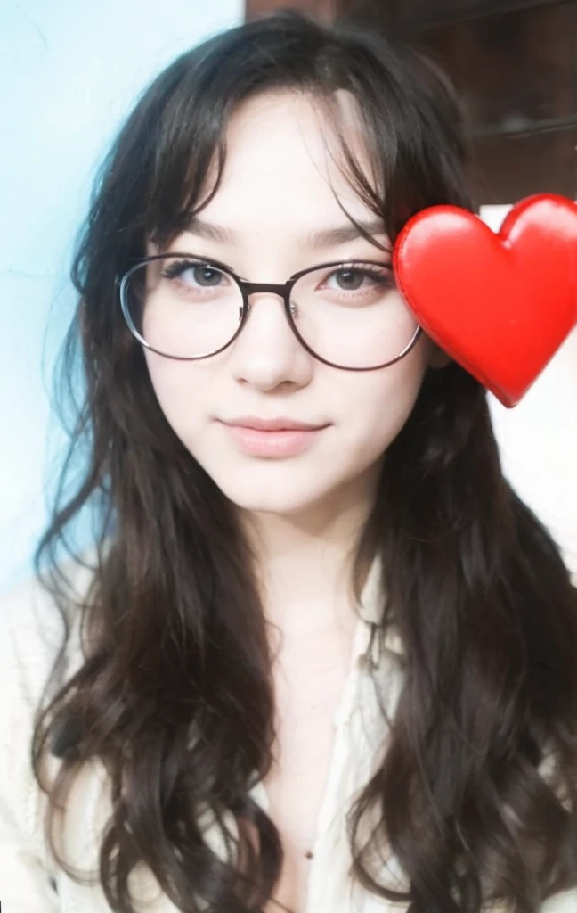 Highest quality、masterpiece、High sensitivity、High resolution、Detailed Description、Slender women、Slim Body、Glasseaking a heart shape with your hands、Casual clothes、smile、