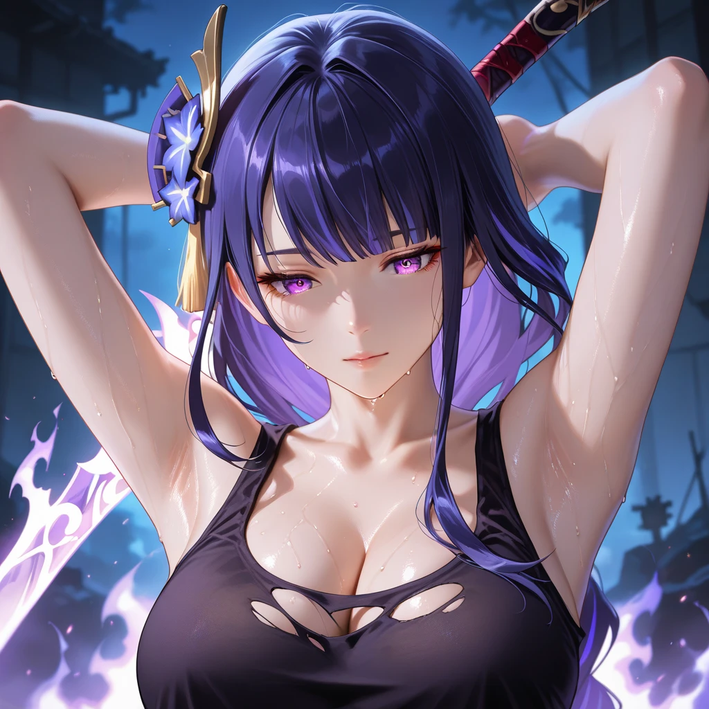 Woman holding sword in right hand near water cliff, 1girl in, arma, muscular, Sword, Solo, muscularwoman, Holding, breasts, holding weapon, katanas, Black hair, holding swords, Looking back, Looking at Viewer,Shion, Single Kikaku, Purple hair, Big Breast, cleavage, Purple eyes, Ponytail