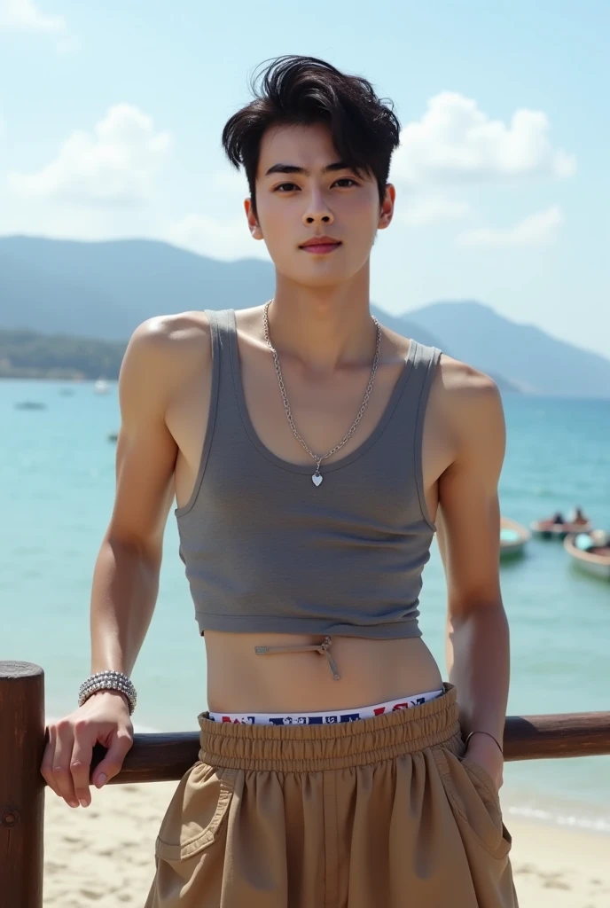 menino jovem bonito, sorrido lindo, dark straight hair with messy bangs and a mohawk cut, olhar sedutor na praia rodeado de mulheres lindas