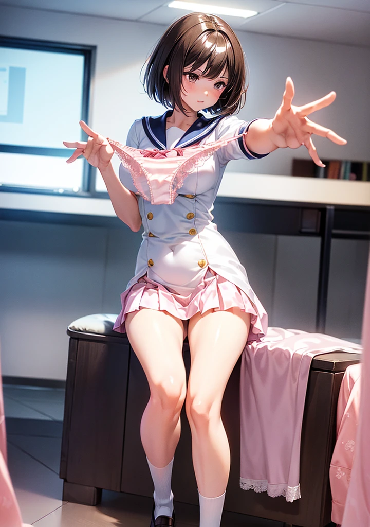 (((masterpiece, highest quality, High resolution, 超High resolution, Perfect Pixel, Depth of written boundary, 4K, RTTX 10.0))), Beautiful Anime Woman, Beautiful art style, Anime characters, ((Smooth texture, Realistic texture, Anime CG Style)), Exact finger count、Exact number of legs、(Exact number of arms:1.0, Exact number of hands:1.0), (Perfect hands, Perfect Anatomy), Cinematic, Realistic, Extremely detailed CG, Daytime lighting, Perfect lighting, Best Shadow, The best natural light, whole body, Perfect body, (Slender body:1.2), whole body,
 ((bangs, Dark brown hair, Stylish and cute bob cut)), ((A cute woman is trying to take off her panties:1.3)), (Fashionable white shirt, Sailor collar, Knee-high socks, loafers, Navy pleated mini skirt:1.3), ((Sexy and cute panties, (Stylish shiny satin pink panties:1.2), Side-tie panties, Small lace panties:1):1.3), (beautiful and very large breasts:1.1), (Beautiful and thin thighs:1.3), Short torso, Feeling embarrassed, (blush:1.2), (Embarrassed expression:1.4), (In the school classroom:1.3), Angle from the front,13 yo,junior high school students 