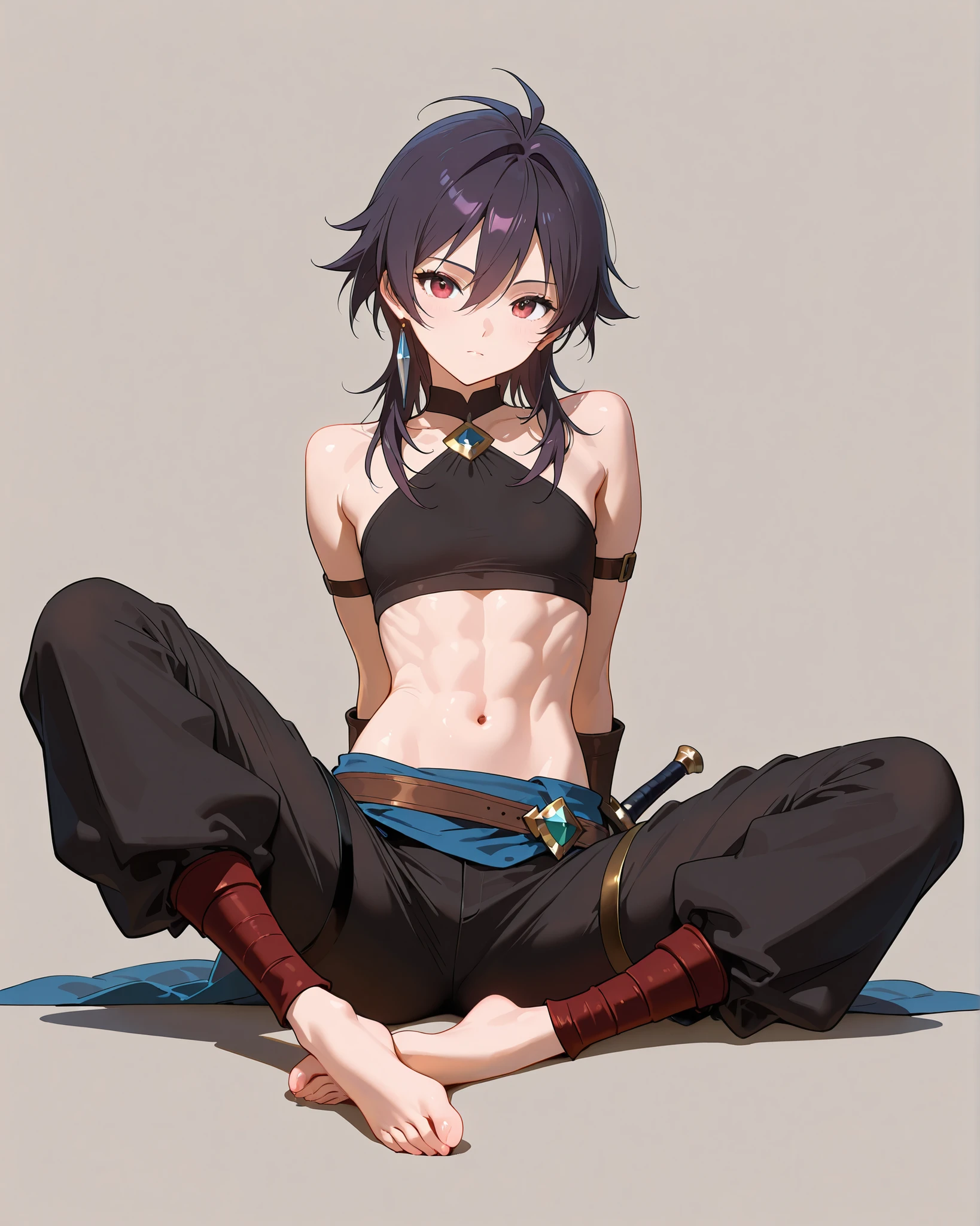 masterpiece,top quality,Super Detailed、High Definition、8K Quality、Simple Background、Adult, toned body、Fantasy world clothes,、long pants、both feet are on the ground、Fight motion、A large fan、Dagger