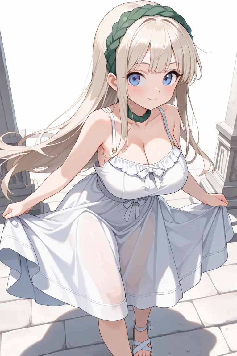 (leaning over:1.4), (masterpiece:1.2, best quality), (real picture, intricate details), 1girl, solo, absurdres, cowboy shot, standing, outdoors, :3, smile, bear girl, bear ears, ((light pink dress)), frills, very detailed dress, white thighhighs, platinum blonde hair, gray blue eyes, long hair, ((red strawberry choker)), smile, open mouth, one fang, large breasts, cleavage, sleeveless dress, arms behind back,