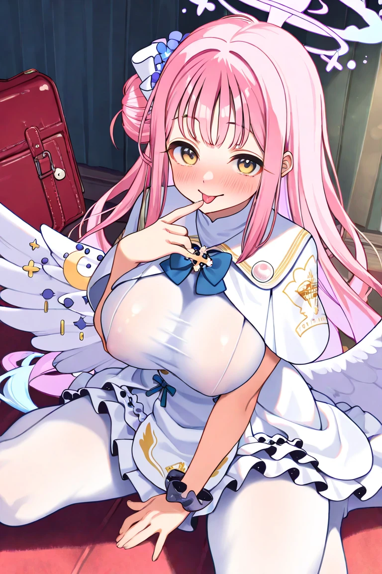 (best quality, High resolution, Rough skin, High quality, Highly detailed,Extremely detailed CG integration),girl,be engrossed in,sacred happiness,in love,Have fun,(Mixed Costumes of Heavenly Saints),ด้วยผมpink,E Blue Eyes,(headdress,Delicate, multi-layered draping.,A lot of lace,colorful fabric,delicate embroidery,delicate pattern,headdress,dress nicely,light clothing,bedroom,nighttime,sparkling,(Show off public space:1.2),light,nighttime,Only one person.,flowing skirt,(big tits),sexy, slightly seductive expression, big breasts,Show your breasts,The cracks are clear....,((big tits)),(pubic bone), rift, visible chest,seductive pose,I see bulging nipples.,(((large areolae:1.4,pink,The nipples are clearly visible.......)))