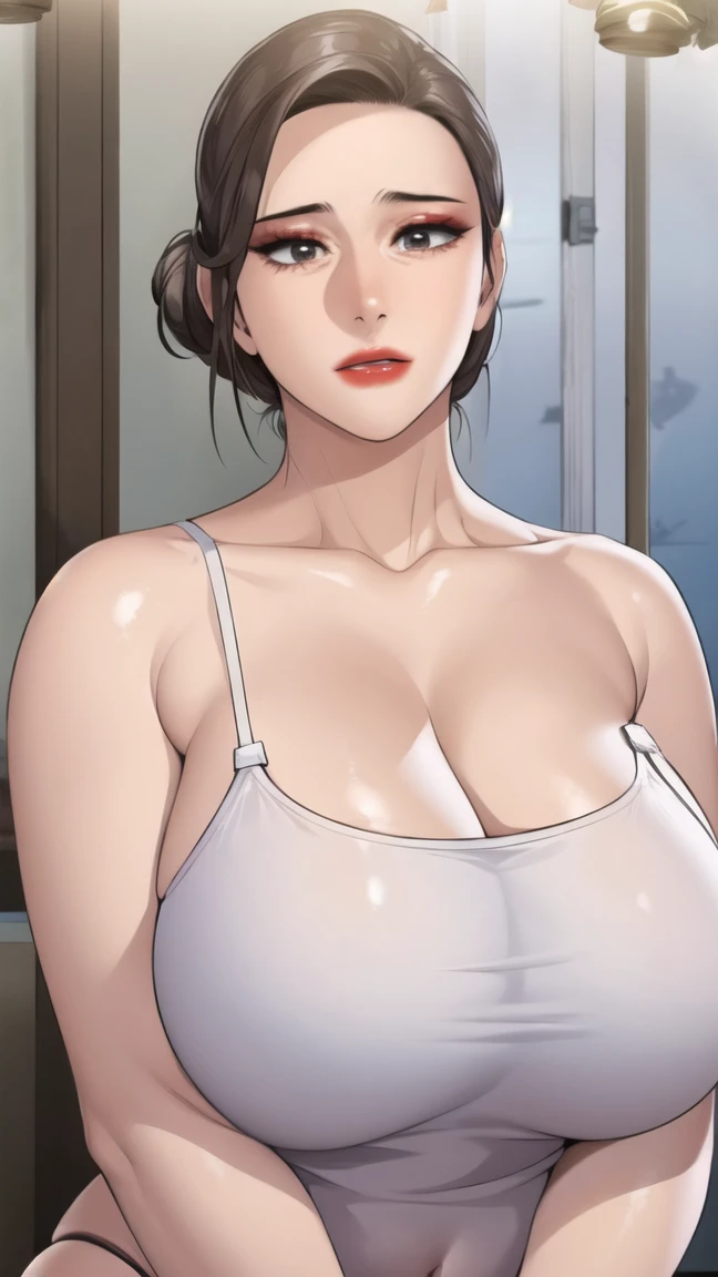 mrs_ahn, 1girl, mature female, milf, motherly, red lips, lipstick, single hair bun, wearing transparent tank top white, massive , huge breast, sexy, cleavage exposure.