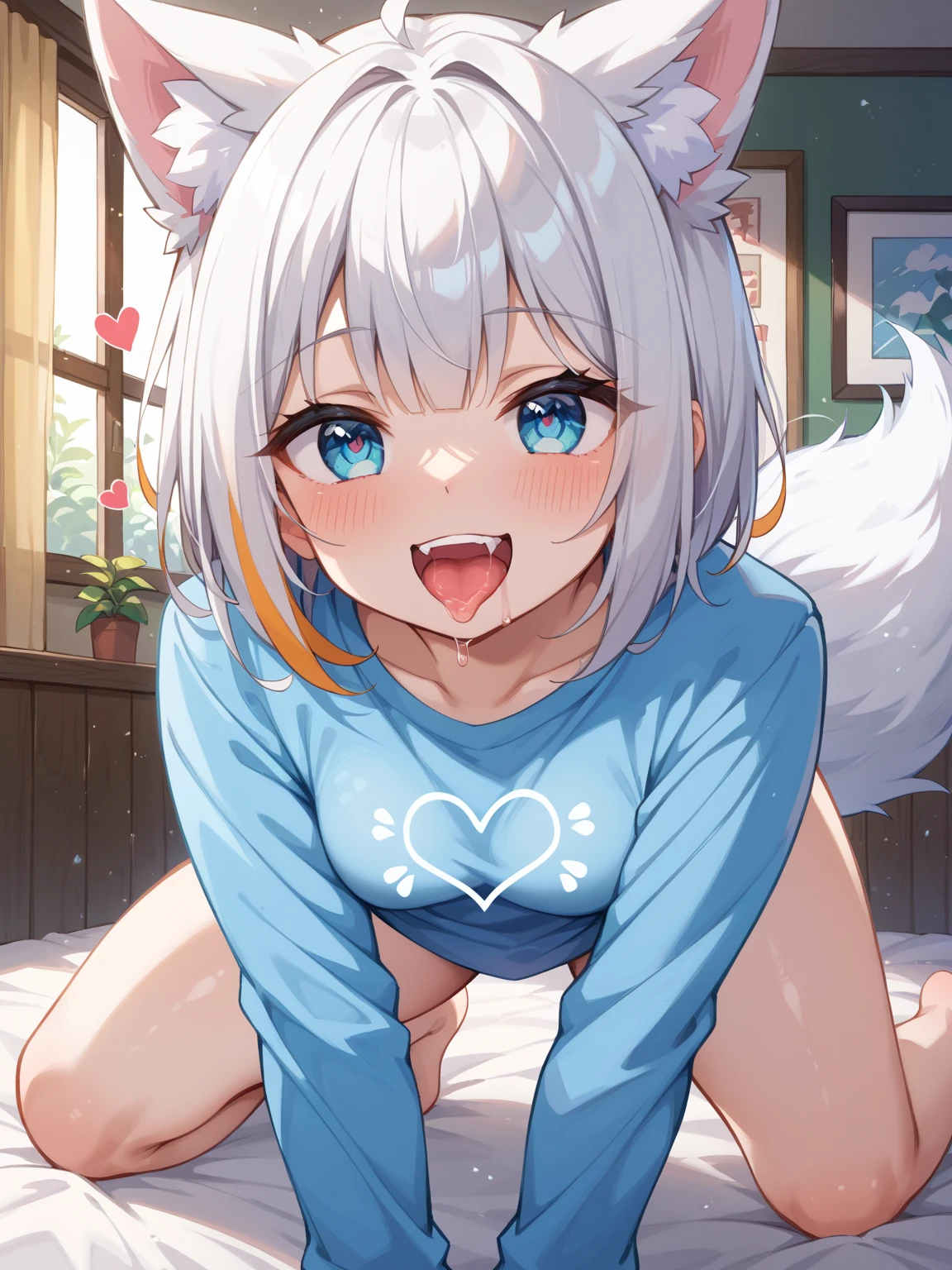 best quality, kemono, anime, female, furry, anthro, full body, solo, :d, ^_^, ahoge, animal_ear_fluff, animal_ears, bangs, bare_shoulders, blush, closed_eyes, detached_sleeves, fox_ears, fox_girl, fox_tail, gloves, hair_between_eyes, hood, hoodie, long_hair, open_mouth, simple_background, smile, solo, swaying, tail, upper_body, virtual_youtuber, white_background, white_hair, white_hoodie, white_sleeves, thigh_high_socks, cute, ass, anus, skirt, tits, no_clothes