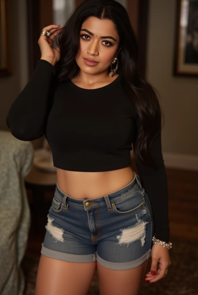 44 years old woman with long black hair and dark brown eyes wearing black pullover and black skinny jeans shes a european very curved big ass and mid