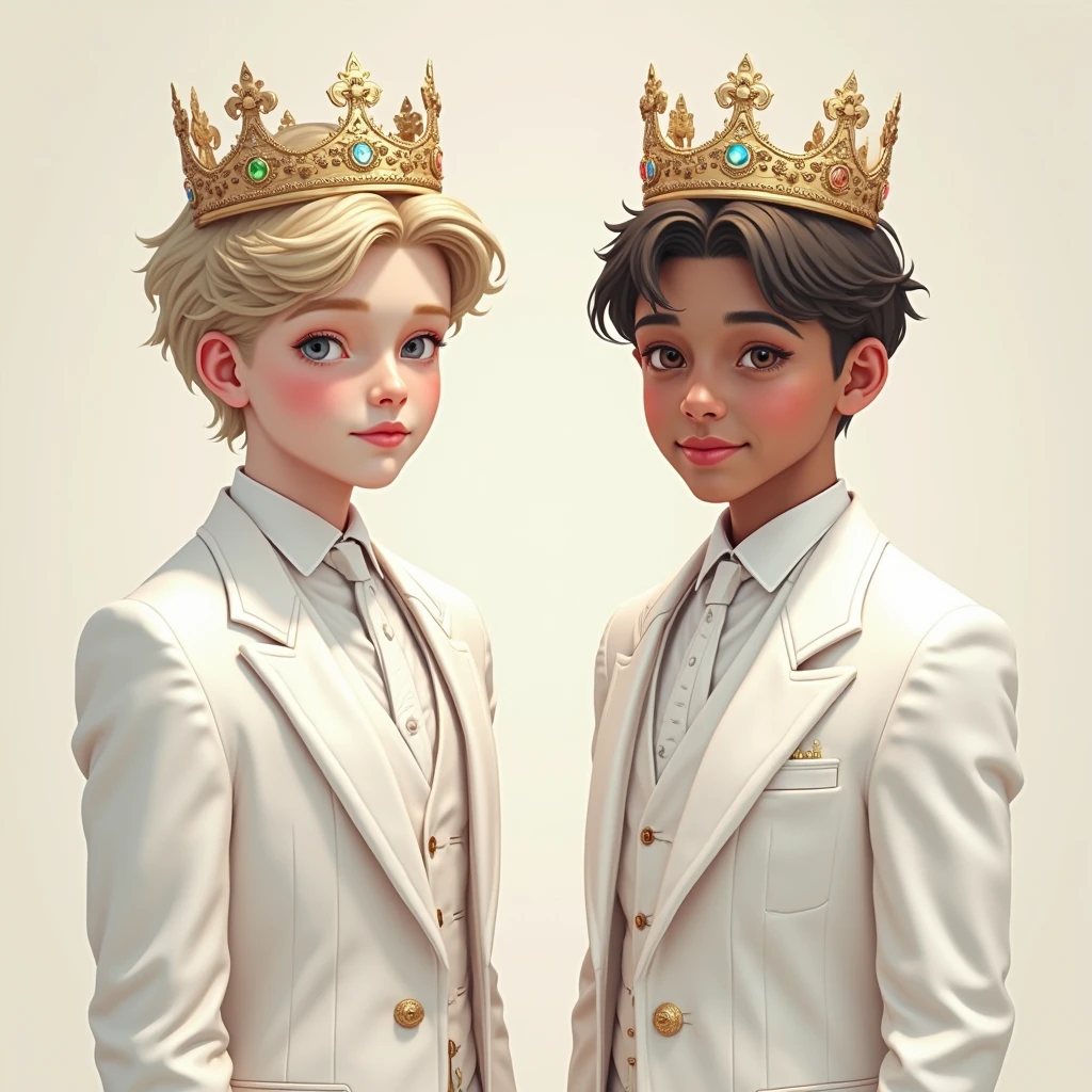 High resolution, portrait, boy and girl with dark hair, 8 years old, light gray hair, short haircut, yellow eyes, smile, crown, portrait, ballroom in the background, realism, fantasy