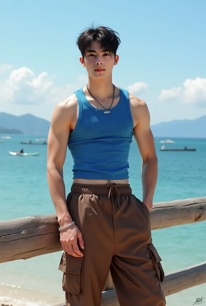 A 16 year old boy on the beach,Naked upper body, Wearing gym shorts, whitestocking, Wear sneakers,largeeyes, sentado na praia,Wearing sweat, Abs can be seen, junior school student, Differential crushing cap, rough breath, Black hair, Messy hair, modern, Eye level shots, hyper HD, Masterpiece, ccurate