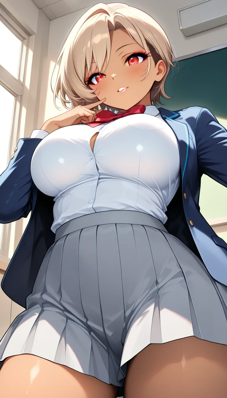 (UHD, retina, masterpiece, accurate, anatomically_correct, textured_skin, super_detail, high_details, high_quality, best_quality, high_res, 1080P, HD, 4K, 8k, 16k), (beautiful_detailed_eyes, beautiful_detailed_lips, extremely_detailed_eyes_and_face), soft_lighting, physically-based_rendering, vivid_colors, (large_breasts:1.5), (shiny_hair, shiny_skin, tanned_skin, blush), (bangs:1.5), eye_reflection, (bokeh), semi-profile_view, smile_and_laugh, (blazer, shirt, businessskirt, bra, sit:1.5),kurapika,blonde huge,bob hair,scarlet eyes,huge breasts,big ass