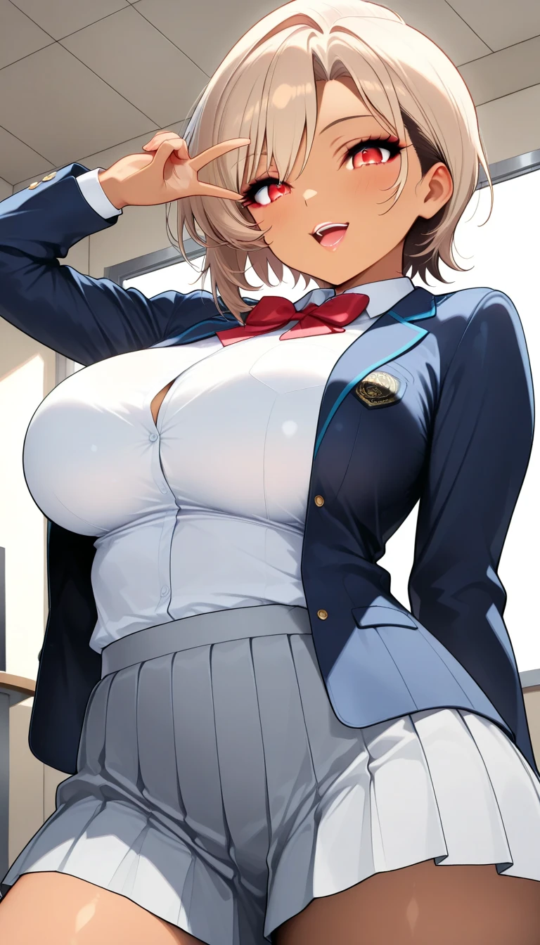 (top quality, masterpiece), 1 girl, 30 years old, stunning, sexy, blonde short, brown skin, tanned, ?????, school uniform, mole, big, big breasts, thin ??????