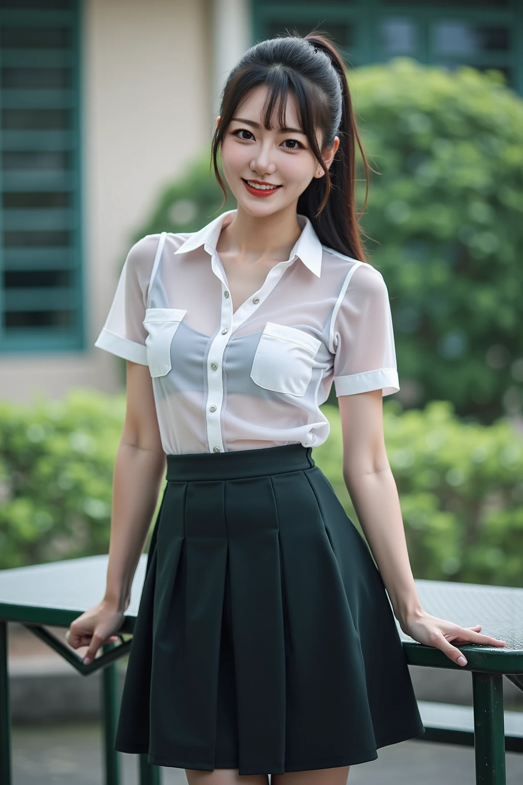 A beautiful and cute girl, full body photograph, extremely beautiful and delicate, Black hair, sweet smile, delicate beautiful fair skin, realistic and realistic, Exquisite and perfect facial features, detailed facial portrayal, high nose bridge, flowing silky hair, extremely delicate hair, Soft temperament, face light, Tall, thin, Real, Hyper Real, full-body lens, Front tilt angle, ultimate picture quality, highest precision, accurate and perfect human body structure. The blue sky and white clouds, Sitting in the woods, The blue sky and white clouds, sunlights, (suspenders, Long Skirt) The panties are clearly visible.