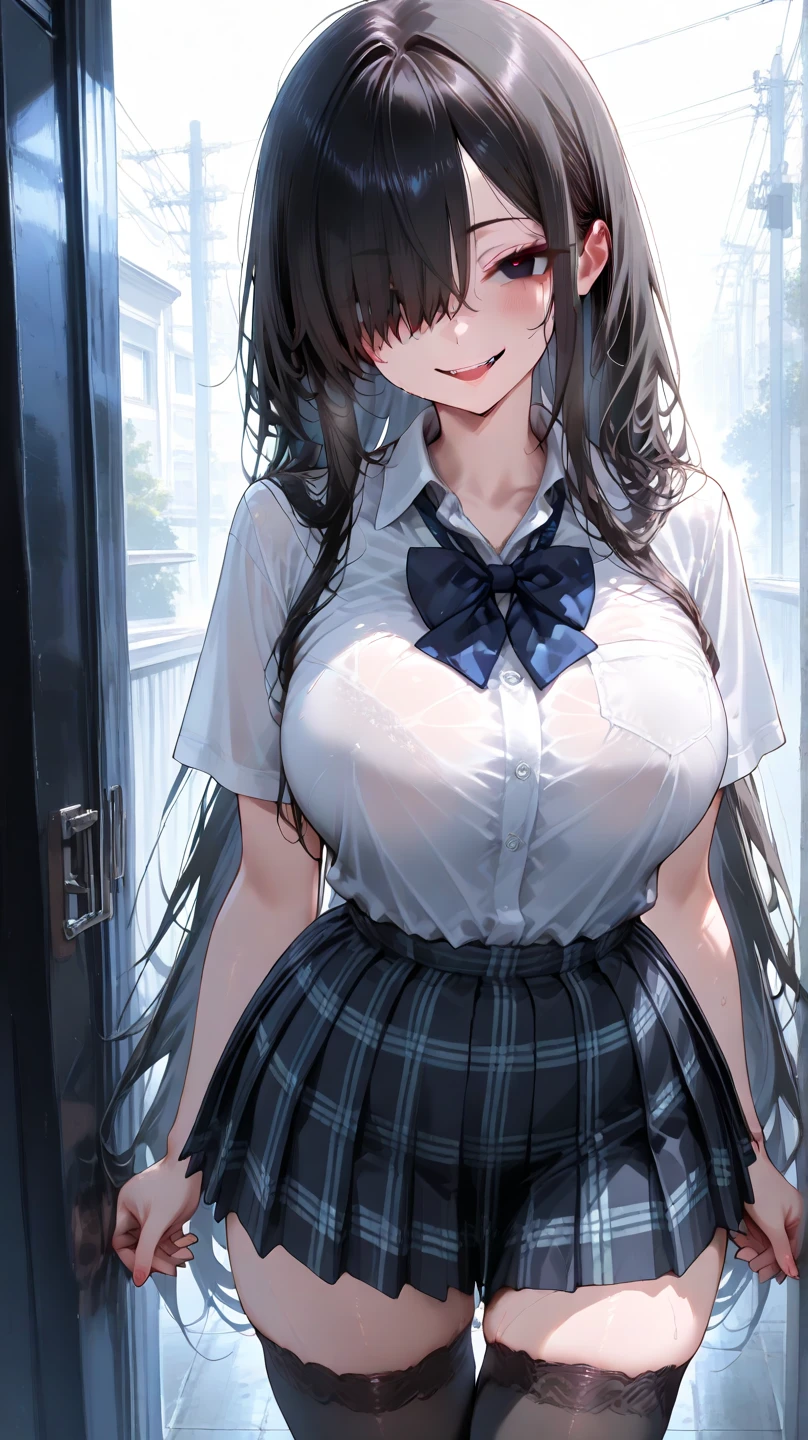 ((table top, highest quality, High resolution, nffsw, perfect pixel, 4K, nffsw, nffsw))), 1 girl, single, alone, beautiful woman、I could see the whole body、 ((middle wavy hair, bangs, brown hair)), ((brown eyes, beautiful eyelashes, realistic eyes)), ((detailed face, blush:1.2)), ((smooth texture:0.75, realistic texture:0.65, realistic:1.1, Anime CG style)), medium breasts, dynamic angle, perfect body, ((school uniform, white shirt, black skirt, unbuttoned shirt、(No bra、see through nipples)、plaid skirt、)), classroom without people、evening、((((crawl on all fours、look back、side boob))))、Very embarrassing panic smile、(pink floral lace panties)、、(Cute floral bra)、