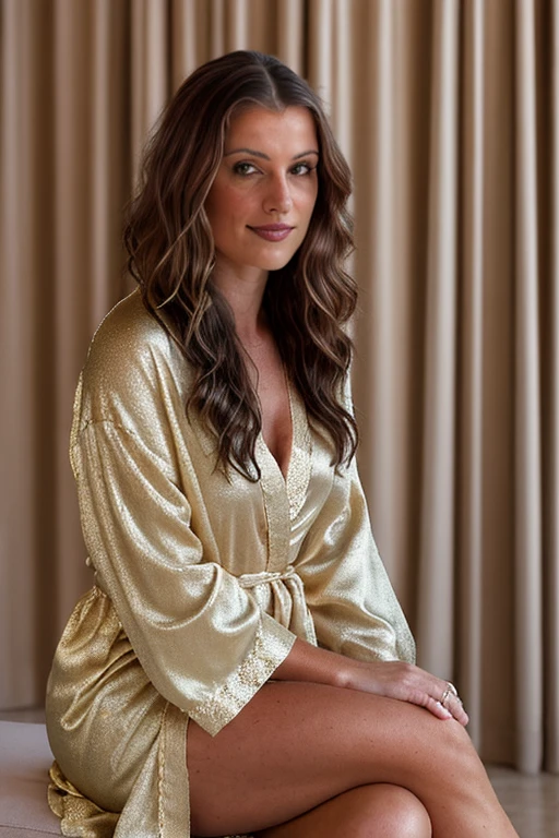 (androgynous male looking into dressing room mirror wearing women's silk robe), (40 year old androgynous male face), tall, fair skin, happy smile, (light brown shoulder length wavy hair), high fashion, androgynous, androgyny, feminine male, Twink