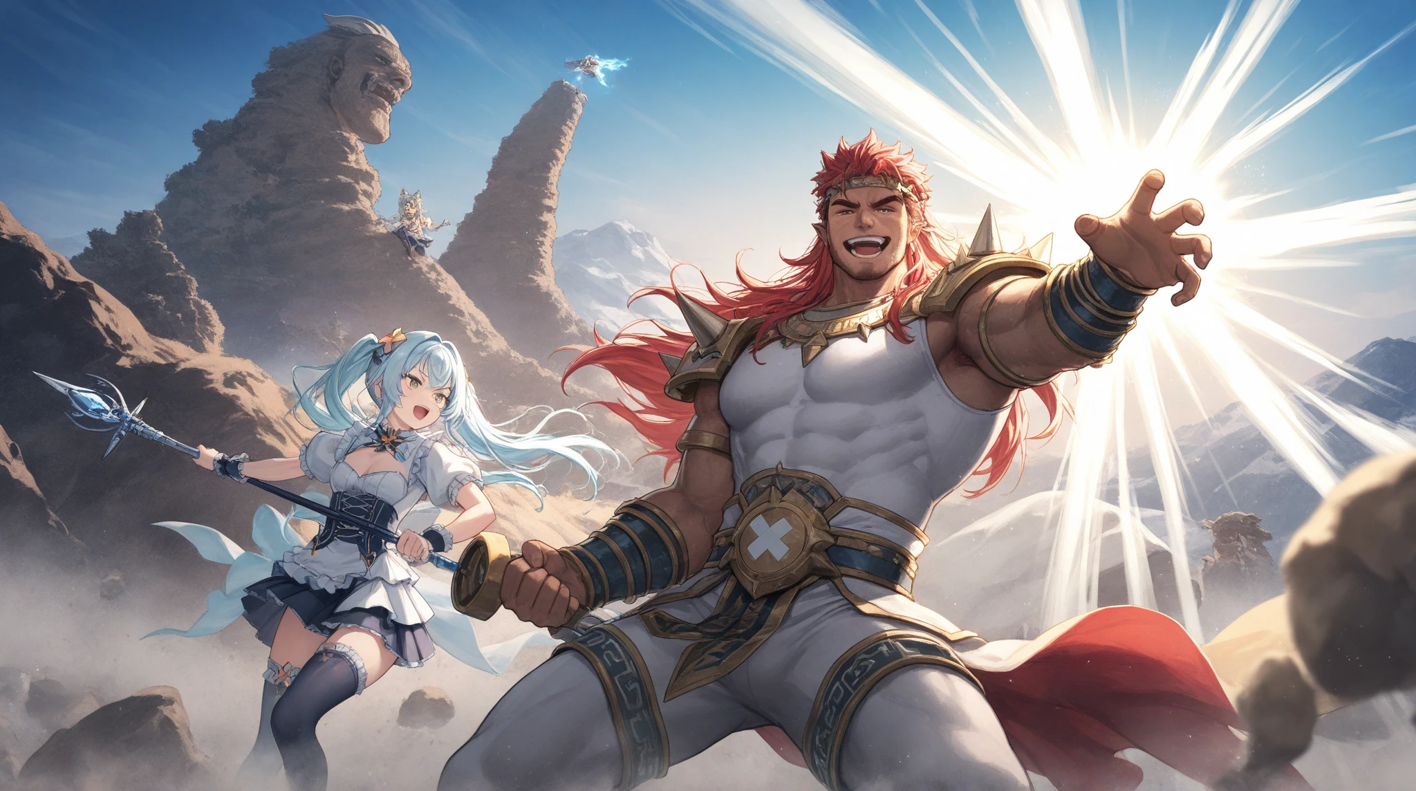 Red Bearded viking man, fighting a cosmic beast. He has 2 axes and is fighting 