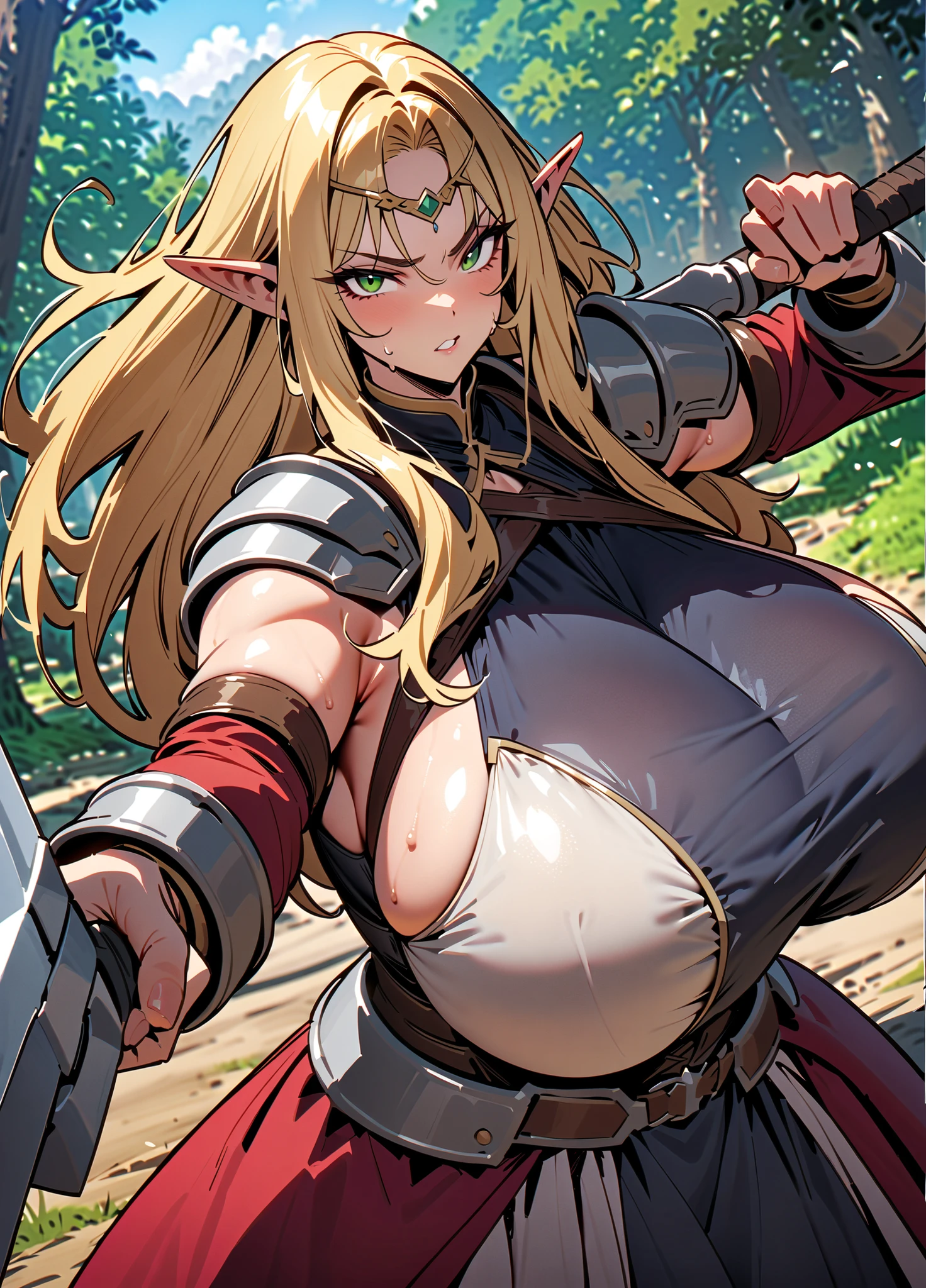 ((monsterhunter)), looking the viewer, solo, girl, shy, red cheek, bashful, embarrassed, smiling, perfect face, muscular, ((big breasts)), ((big boobs)), long hair, beautiful eye, warrior