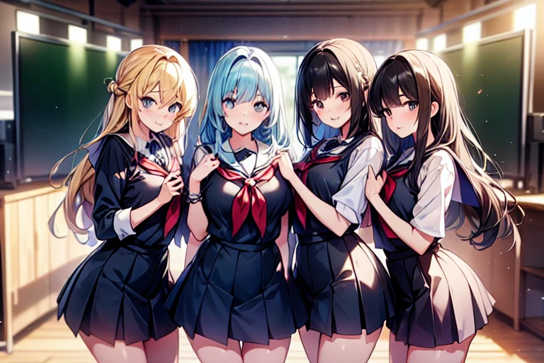 4girls,quartet,squad,cowboyshot,pov,beautiful detailed eyes, detailed lips, long eyelashes, bright and vibrant colors, natural lighting,(best quality, 4k, highres), ultra-detailed, soft and smooth texture, no distractions, dreamlike sensation, slight bokeh effect,highlighting her figure,deformed and independented breasts,schooluniform,side by side,Different posing,surrounded by girls,(small breasts:1.2)