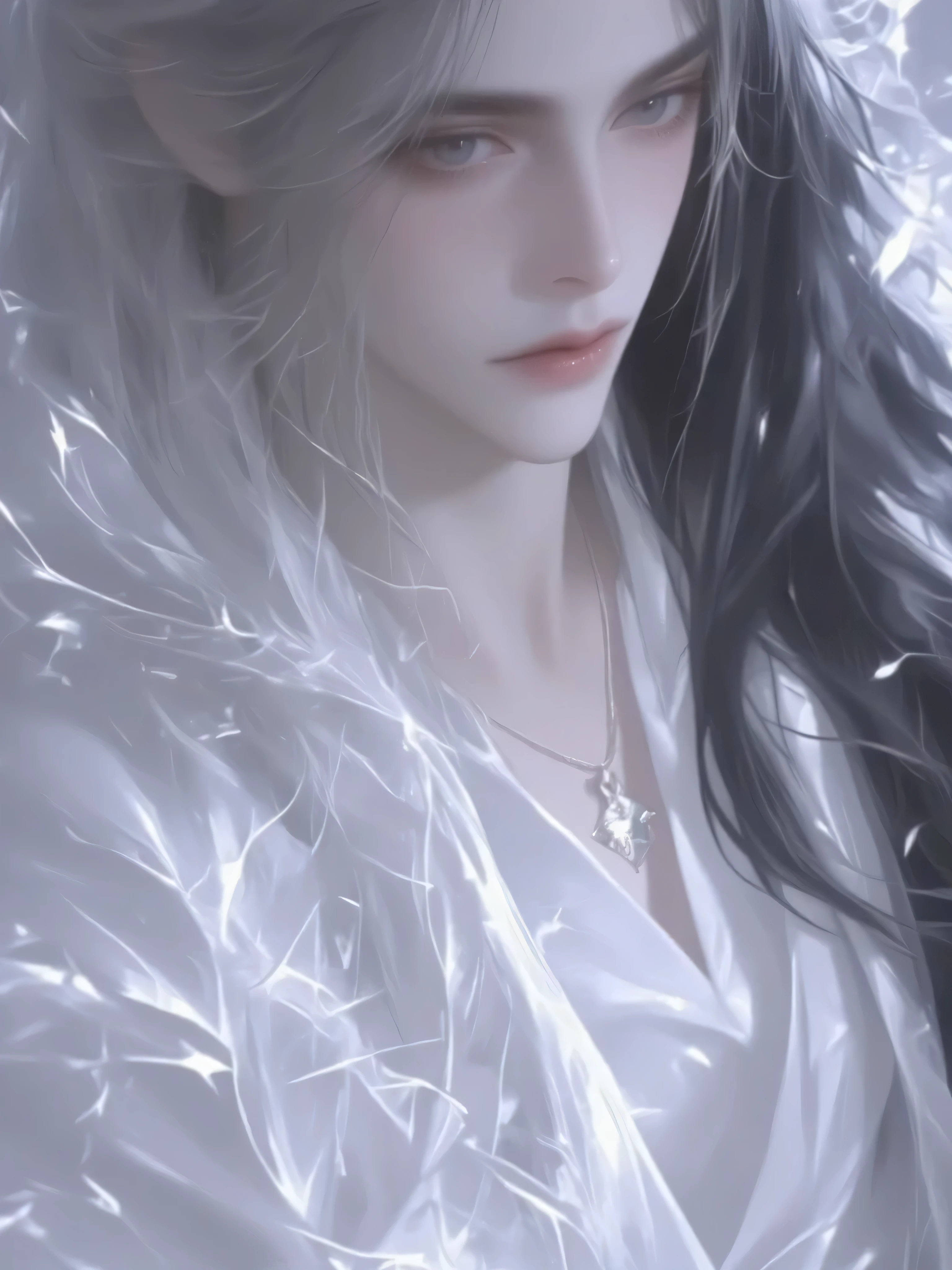 a handsome man with long hair antique black hair,a handsome man with long hair, an ancient brunette in a fairy-looking white Hanfu, traditional Chinese clothing , Double eyelids,Japanese Manga Style,white hanbok