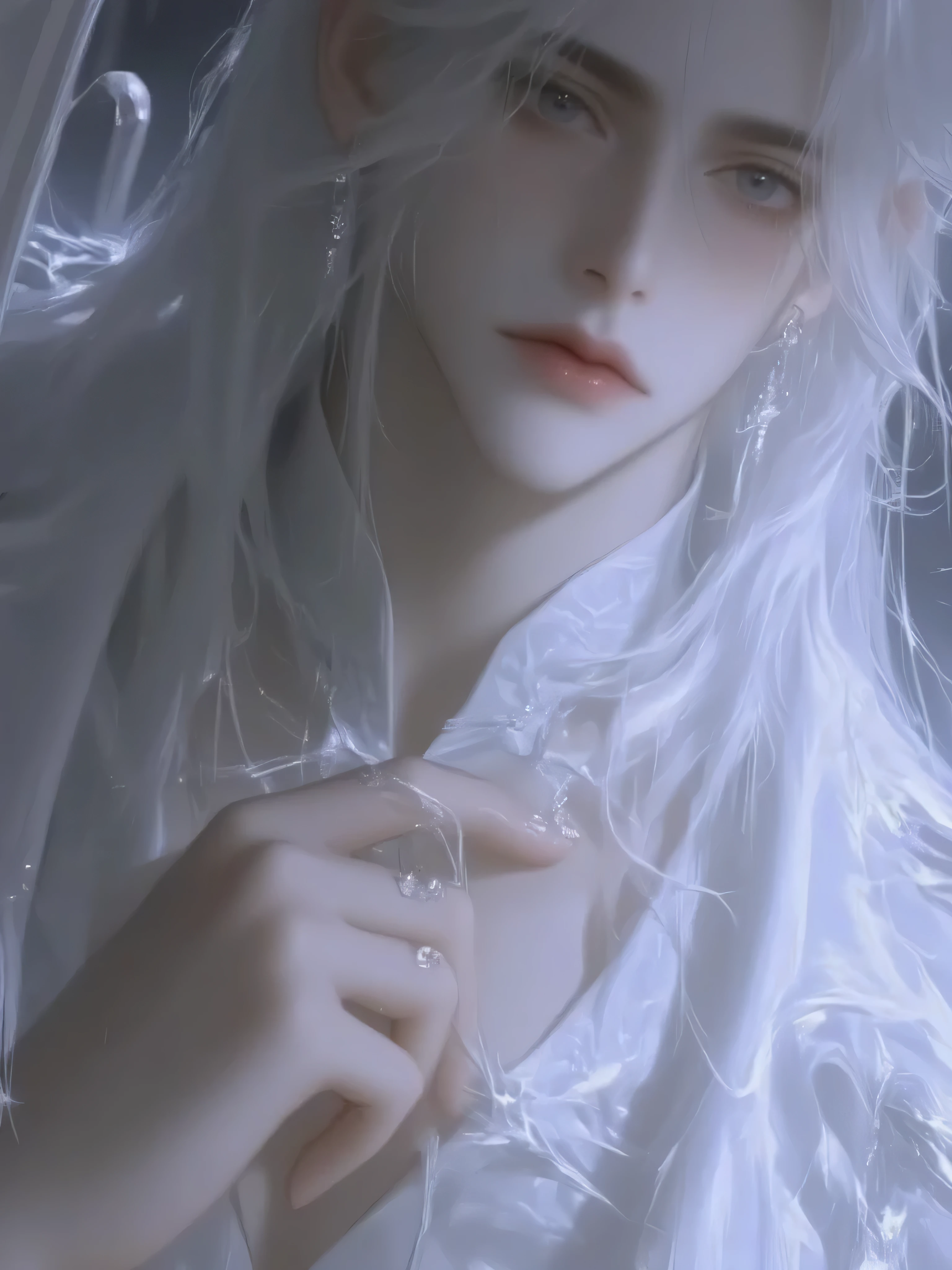 a handsome man with long hair antique black hair,a handsome man with long hair, an ancient brunette in a fairy-looking white Hanfu, traditional Chinese clothing , Double eyelids,Japanese Manga Style,white hanbok