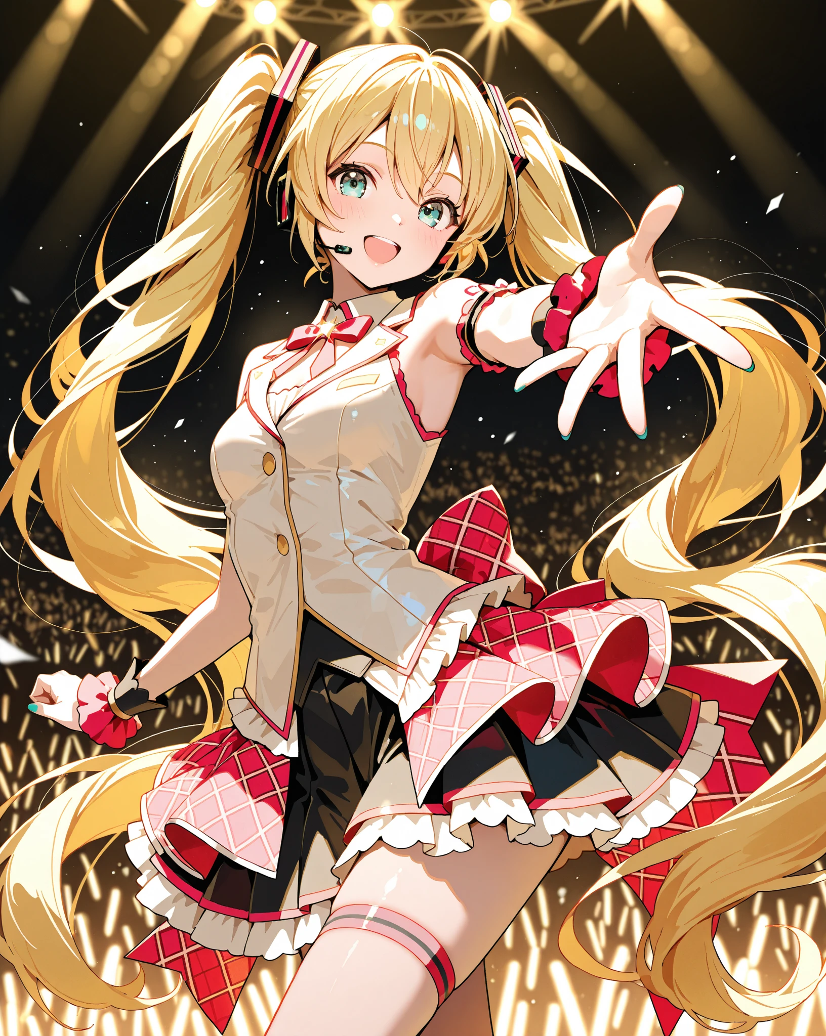 ogata rina,((masterpiece)), (((best quality))), ((ultra-detailed)), ((illustration)), ((disheveled hair)), ((frills)), (1 girl), (solo), bangs, bare shoulders, black legwear, bow, breasts , brown eyes , brown hair , closed mouth , clothing , covered collarbone, dress, elbow gloves, eyebrows visible through hair, female , female only, fingerless gloves , fingernails, gloves , hair bow , hair ornament , holding, holding microphone , holding object, legwear, lips , long hair , looking at viewer , medium breasts , microphone , petals , pleated skirt, shiny , shiny hair , short dress , short sleeves , skirt , smile , thighhighs , thighs, zettai ryouiki ,