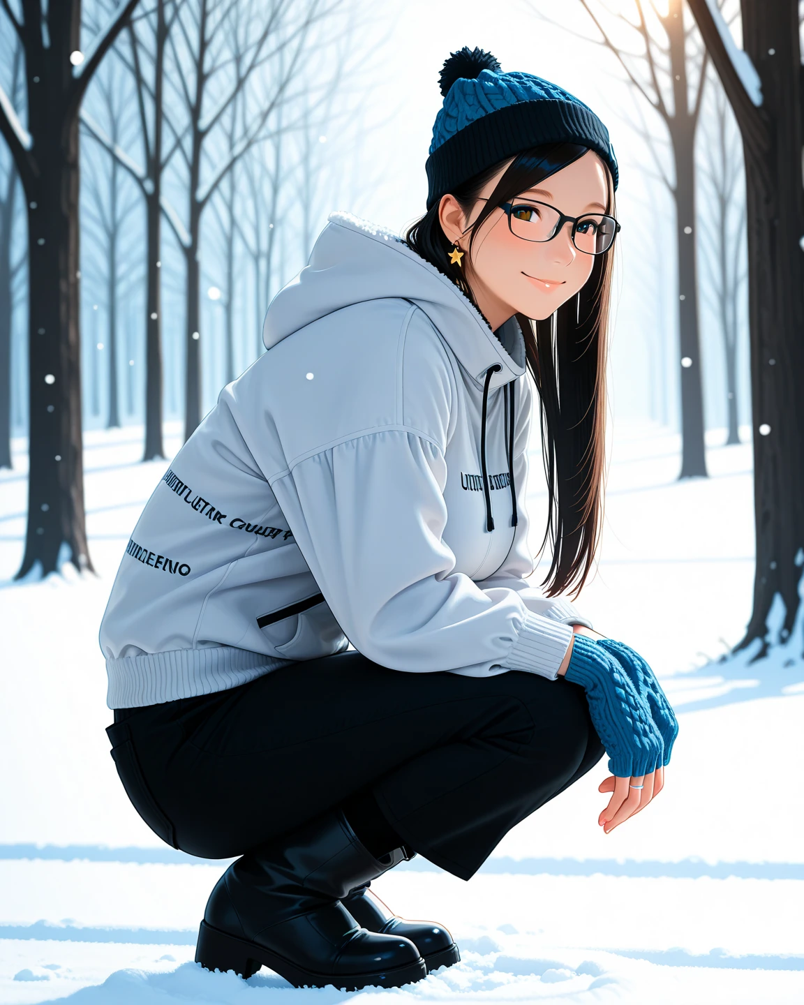 score_9, score_8_up, score_7_up, solo, source_anime, 1girl, female focus, 2D, Rosa_rosa_utm, long hair, black hair, sidelocks, hair ribbon, blue eyes, glasses, rimless eyewear, small breasts, blue tracksuit, squatting, snow, russia background, street