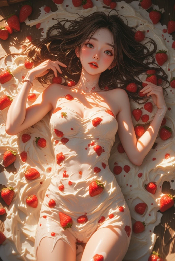 Junte-se a uma mulher alegre comemorando em meio a campos de morango, vestida com roupas alegres com tema de morango. With ripe strawberry baskets and festive decorations, This feast captures the essence of fruity joy.