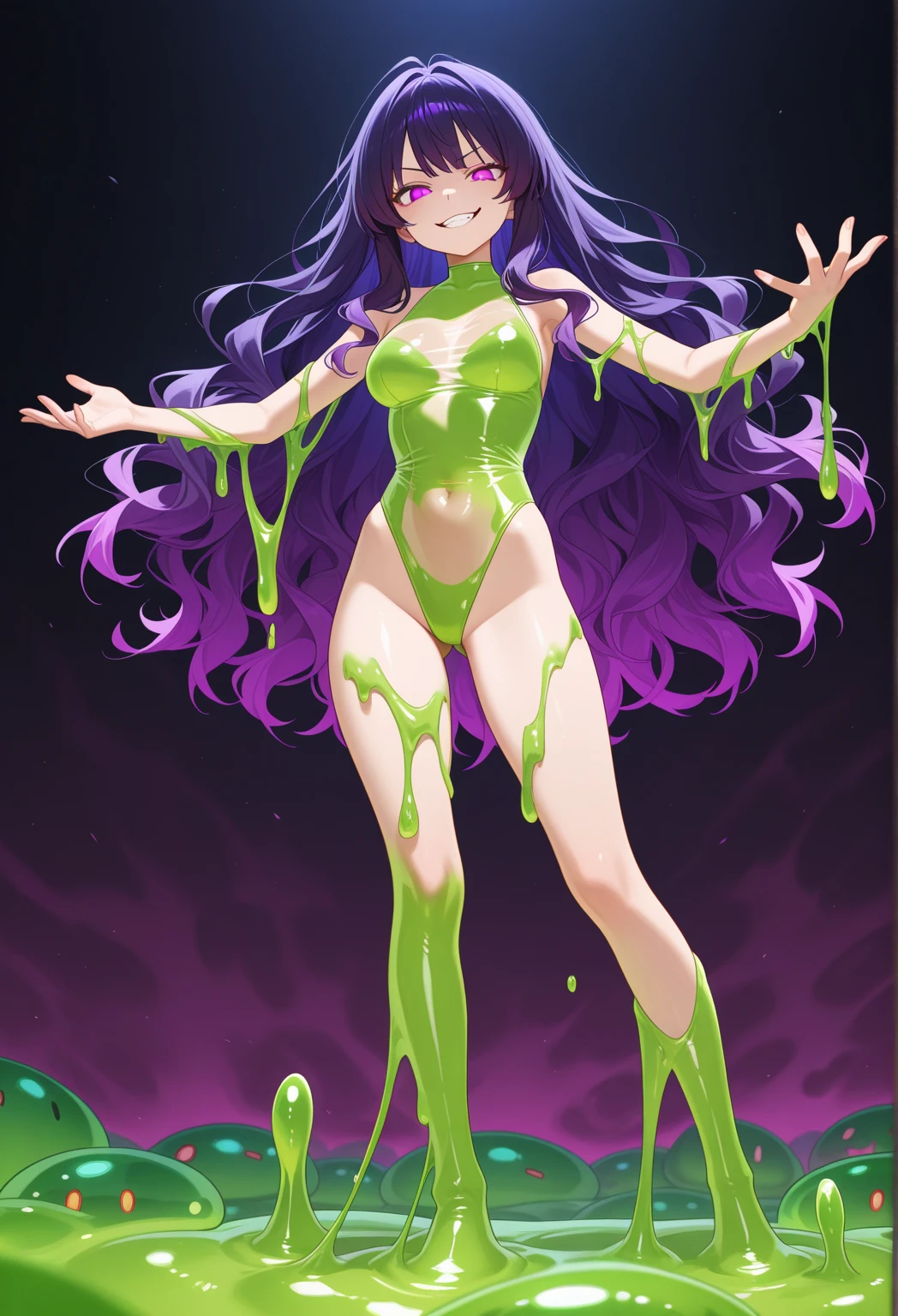 1 girl, red-purple hair, very long hair, violet eyes, beautiful eyes, big eyes, big lips, glossy lips, very curvy body, big breasts, long legs, big butt, wide hips, thick thights, defined image, seductive gaze, slime, covered in green slime, completely head-to-toe covered in slime, translucent slime
