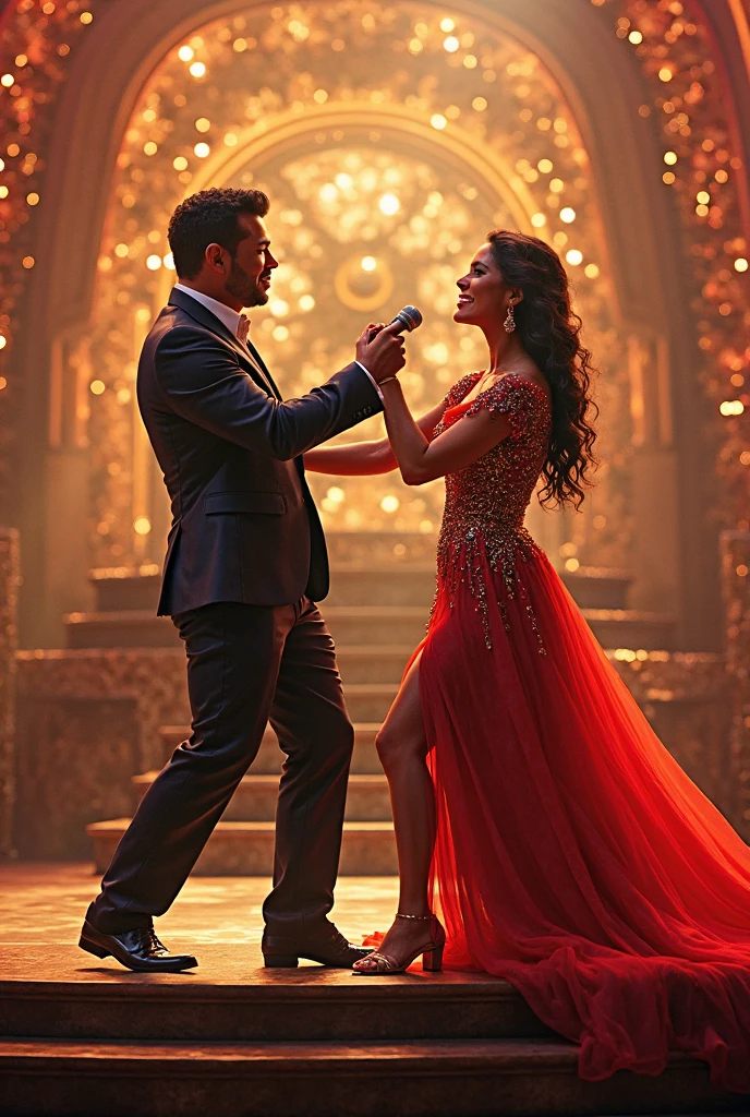 The ballroom was a dazzling setting, with elegantly dressed Shah Rukh Khan and Preity Zinta twirling gracefully on the polished floor. The atmosphere was alive with bright colors and soft light from overhead chandeliers. Luxurious gowns and tailored suits created a tapestry of sophistication and luxury, as the couples danced in perfect harmony, their movements synchronized to the