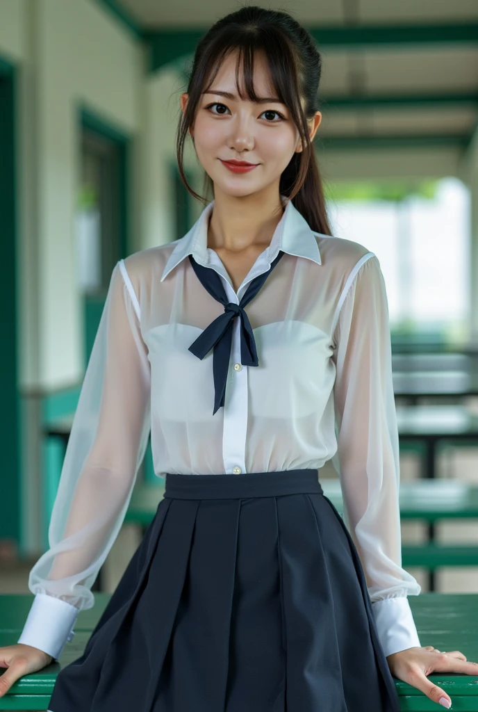(((8K、High resolution、Highest quality、High resolution)))alone、Natural body shape、White skin、Natural Makeup、((Black Hair、bangs、Straight Long Hair))、((()))、、(:1.4)、(())、(((((Full body photo)))))、(((Looking into the camera)))、(((Wear a uniform on the upper body)))、Bedroom、(((Of high school))) 、((white collared long sleeve blouse))、((Beige cardigan))、((Pleated skirt with dark blue plaid pattern、mini skirt、Ultra-realistic pantyhose))、、、Expressionless、((Exposing thighs))