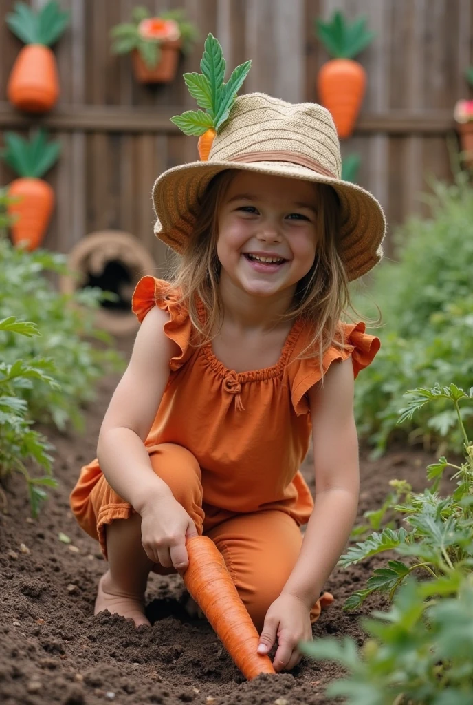 A high-resolution photo of a closeup of a BLONDE girl with long hair, in denim overalls, white T-shirt, loose farmer's hat, looking at the camera, standing in the field of (fruit trees), holding a basket of oranges
