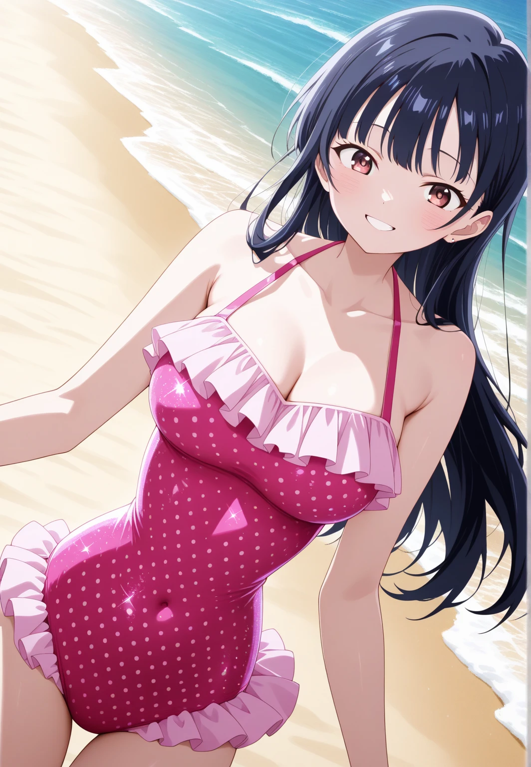 1girl, cowboy shot, smile, open mouth, looking at viewer, beach,
yonagi_kei, purple eyes, long hair, black hair, (ahoge:1.2), swimsuit, <lora:yonagi_kei_lora_ver3:0.7>, best quality, masterpiece, highres, <lora:GoodHands-vanilla:1>
