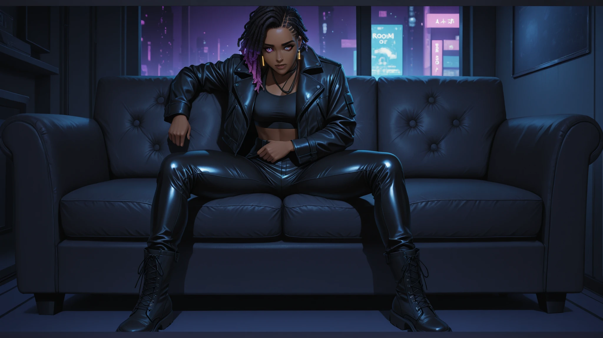 A BLACK WOMAN WITH DREADLOOKS HAIR sitting on a sofa. Your costume consists of a shiny black leather set that includes a tight jacket, crop top, and high-waisted pants, ousado, The outfit is combined with, black lace-up boots that convey a, Strong presence. The individual's legs are wide open in a relaxed and secure posture of. Behind her, a large window showing an urban landscape dotted with illuminated signs and screens, the setting suggests an urban cynerpunk environment, possibly suggesting a futuristic or cyberpunk theme. The room itself is dimly lit, with subtle pink and purple lighting, creating a dramatic and intimate atmosphere. The overall composition exudes a sense of confidence bold and modern style.