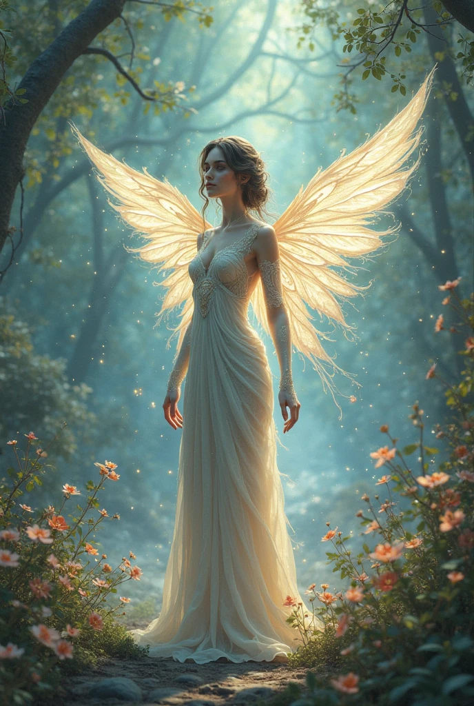 A shot of a beautiful female angel's waist, Complex, Narrow Face, elegant, wearing an aquamarine necklace, Halo, A sheer white lightweight dress with straps, To the camera, Very detailed, Digital Painting, Art Station, Concept Art, Smooth, Sharp focus, figure, ArtJam、Greg Rutkowski、Art by Alphonse Mucha, 8k, Volumetric Fog, bloom, light, lumen, Crank blur