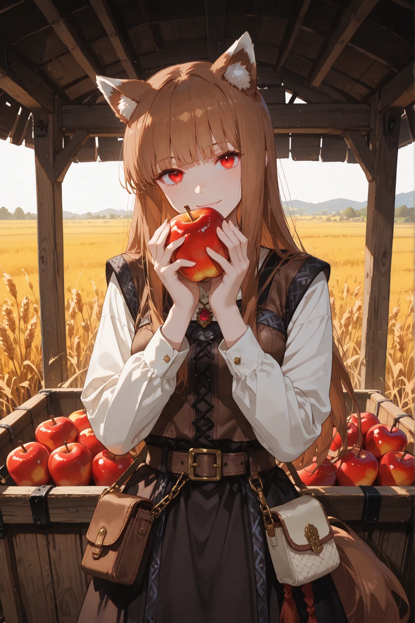 (masterpiece, detailed:1.2),(High CT quality,4k,High resolution,main piece:2.3),Very detailed,Realistic:1.37,Best quality,masterpiece, high resolution,on_body, Tyndall effect,photorealistic, Edge lighting, Two-color lighting,(high definition skin:2.3), (8K UHD, DSLR quality, soft lighting, high quality, surround lighting, sincere, de 8K , 4K, 8K.) Character, Holo, red eyes, bangs, blunt bangs, sidelocks, animal ears, wolf ears, wolf tail, brown hair, long hair. Long medieval  dress, long sleeves, leather vest,belt with purse. She smiles slyly. She holds out an apple. She bite red apple. On the background : blue sky, a farmer's field where golden rye grows.  Cornflowers and daisies are in bloom.