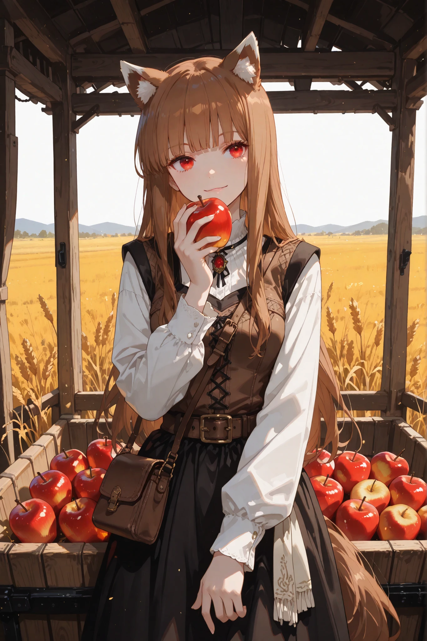 (masterpiece, detailed:1.2),(High CT quality,4k,High resolution,main piece:2.3),Very detailed,Realistic:1.37,Best quality,masterpiece, high resolution,on_body, Tyndall effect,photorealistic, Edge lighting, Two-color lighting,(high definition skin:2.3), (8K UHD, DSLR quality, soft lighting, high quality, surround lighting, sincere, de 8K , 4K, 8K.) Character, Holo, red eyes, bangs, blunt bangs, sidelocks, animal ears, wolf ears, wolf tail, brown hair, long hair. Long medieval  dress, long sleeves, leather vest,belt with purse. She smiles slyly. She holds out an apple. She bite red apple. On the background : blue sky, a farmer's field where golden rye grows.  Cornflowers and daisies are in bloom.