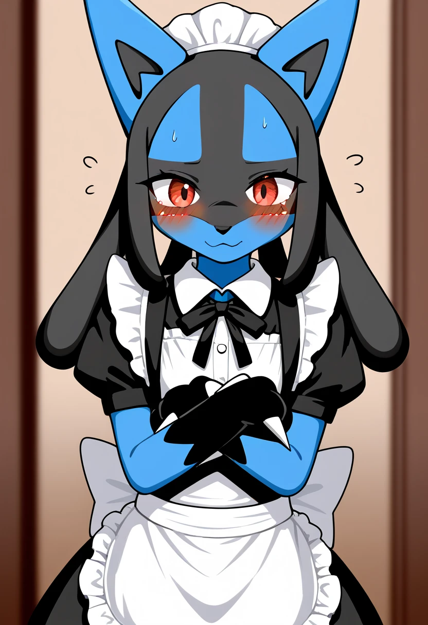 1girl, tape bondage, gagged, looking at viewer, squinting, blushing, full body tape, fox, blue fur, long hair, purple eyes, blue hoodie, black skirt, blue face, medium breasts