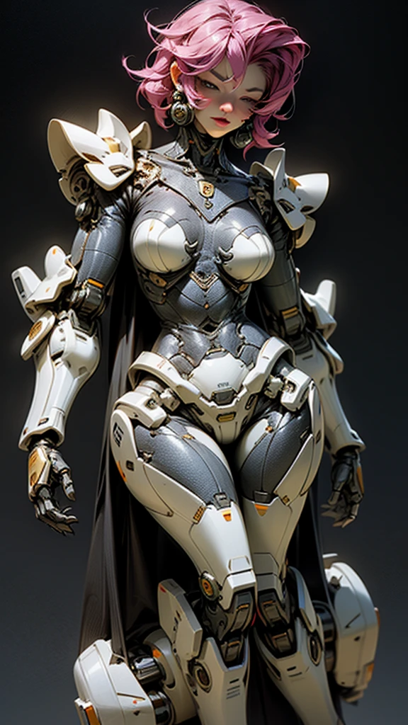(xmech robot:1),(chemical plant:1.2),cyborg,long cape,Titanium Smoke Gray,body-tight suit,slotted skirt,slender,thigh-high boots,full-length shot,masterpiece,8k,highest details,intricate,quillings,pauldrons,gloves,<lora:allymech:0.7>,muscular,fighting posture,industrial,greasy,sci-fi,futuristic,