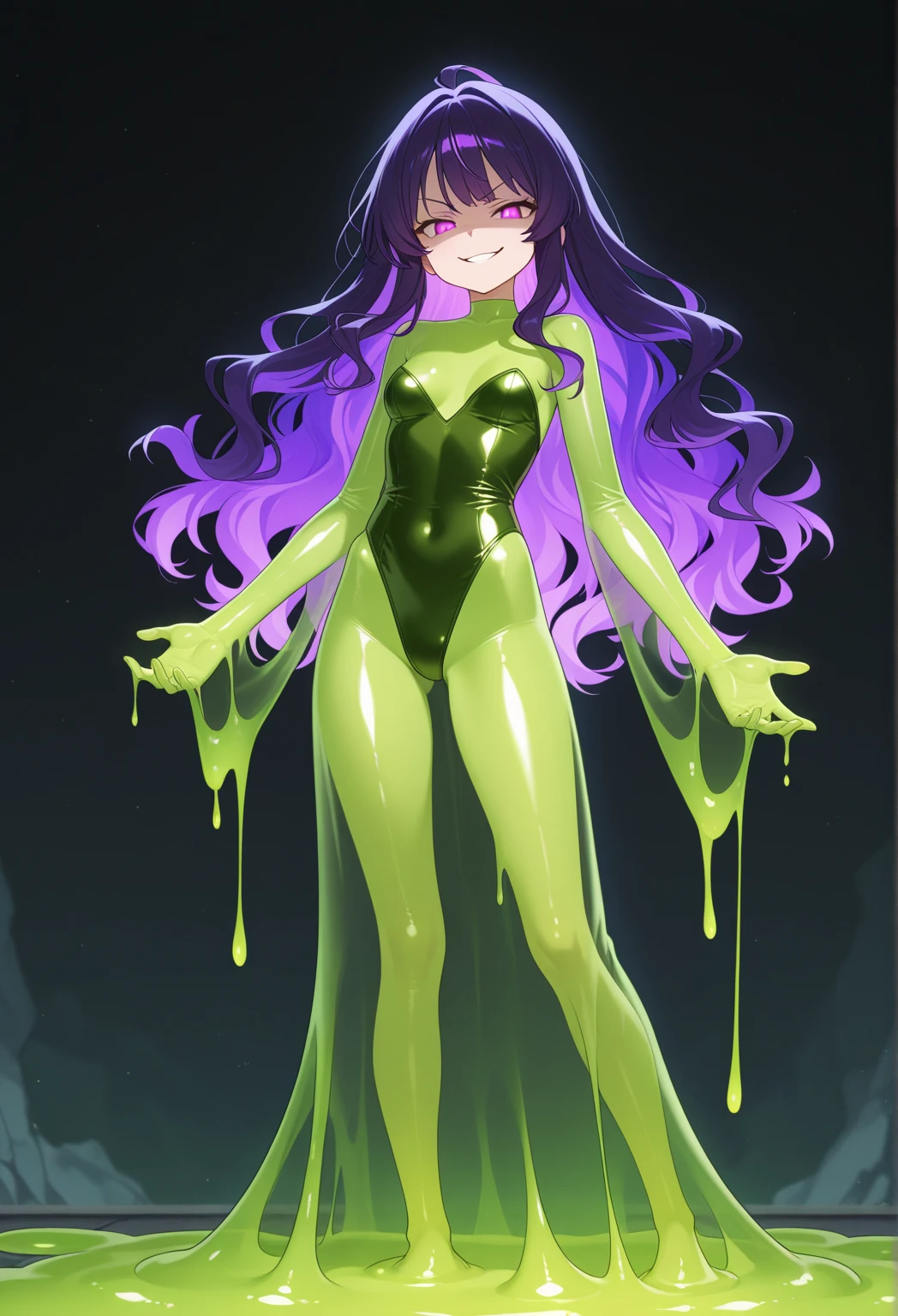 a beautifully detailed slime girl with luminous green eyes, blushing cheeks, shocked expression, standing gracefully in a masterpiece-level illustration, ultra-detailed and high-resolution, 1boy, black business suit, office background, 8k, hyper-realistic, cinematic lighting, dramatic composition, intricate details, vibrant colors, fantasy, surreal, ethereal