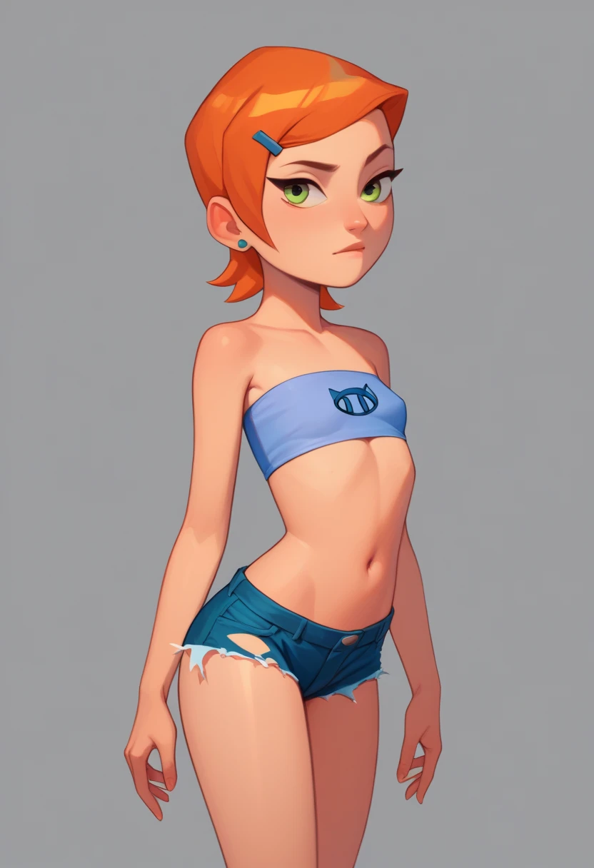 score_9, score_8_up, score_7_up,score_6_up, score_5_up, 1girl, looking at the viewer, gwen_tennyson, ben_10, 1girl, green_eyes, orange_hair, small_body, flat chest