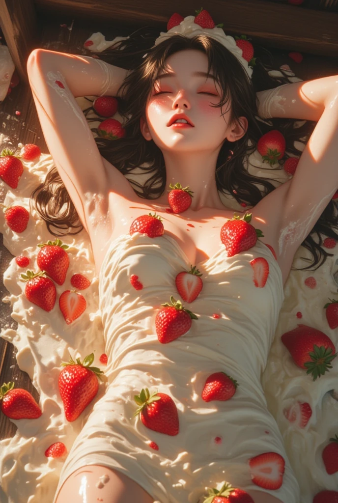 On the table(Lying on your back:1.6)_very beautiful_Naked Women、(She adorns her whole body with sliced fruit_Her chest and groin are smeared with whipped cream:1.85)、Cowboy Shot、Shot from directly above、(Anatomically accurate body structure)、Incredibly detailed、Realistic、Photorealistic、8k、Highly detailed face、Highly detailed reclining body、smile、Luscious Lips、Sharp Eye、Perfect Skin、Small waist、Large Breasts、Dramatic lighting、Glossy finish、Natural Color、Cinematic composition、Elegant, sensual and erotic