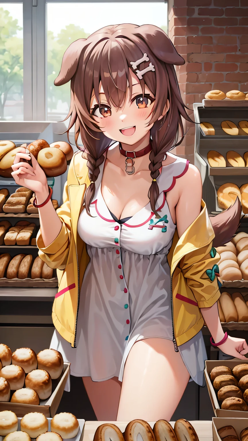 {{{masterpiece}}}, (best quality:1.5), (ultra-detailed:1.5), {illustration}, {{an extremely delicate and beautiful}}, (beautiful detailed eyes:1.6), absurdres, highres, extremely detailed face, 16k, hd, visual anime de uma jovem mulher, extremamente bonito rosto de anime, anime melhor garota, (perfect hands, perfect anatomy), (five fingers:1.1), anime face, BREAK, Inugami Korone(Hololive), 1gril, solo, cute face, koronedefault, brown hair, low twin braids, bone hair ornament, cartoon bone, bangs, (brown eyes:1.4), dog tail, medium breasts, big hips, curvaceous, BREAK, (yellow jacket:1.3), open jacket, jacket slip, (white dress:1.2), off shoulder, animal collar, cleavage, wristband, (yellow loincloth:1.2), BREAK, bakeryclerk, smiling, open mouth, standing, indoor, (bakery:1.5), (Stand in front of the cash register:1.5), product shelf, A happy look, cash register, greeting, medium close-up shot