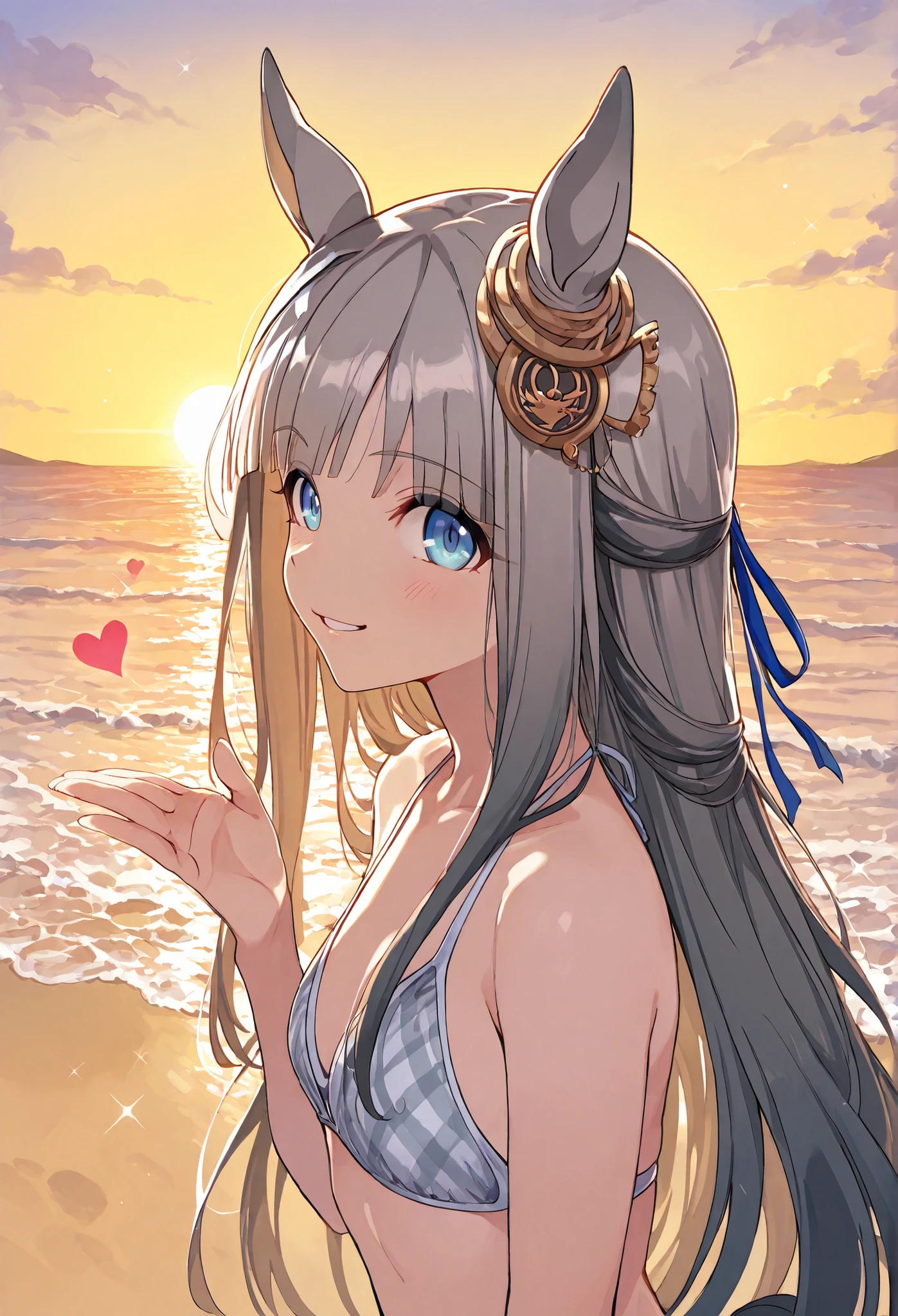 {{{1woman:1.3}}}, ,{{{Chrono Genesis:1.5,Uma Musume:1.4,gray hair,Horse Ears,Horse Tail,}}},{{{small breasts}}},{{{masterpiece}}},{{{top quality}}}, {{Super Detailed}}, {{very delicate and beautiful}}}, {{{8k}}},{{{flat color:0.6}}},{{{type-moon:1.5},{{{face focus:1.4}},{{{sexy pose}},,{{{simple back ground}}},{{{sexy pose,dynamic pose}}}{{{vulgarity:1.5,seductive smile}}} }{{{batch:1.5}}}{{{face focus}}},\(umamusume\){{{upper BODY}}},beach,beachパラソル,Sunset,Yellow Sky, plaid bikini,{{{winking}}}{{{hand in front of her lips”}}}{{{sparkles and hearts around”}}}コントレイルA beautiful anime girl blowing a kiss, winking, her hand in front of her lips, sparkles and hearts around, soft lighting, romantic atmosphere, upper body, detailed eyes, dynamic pose