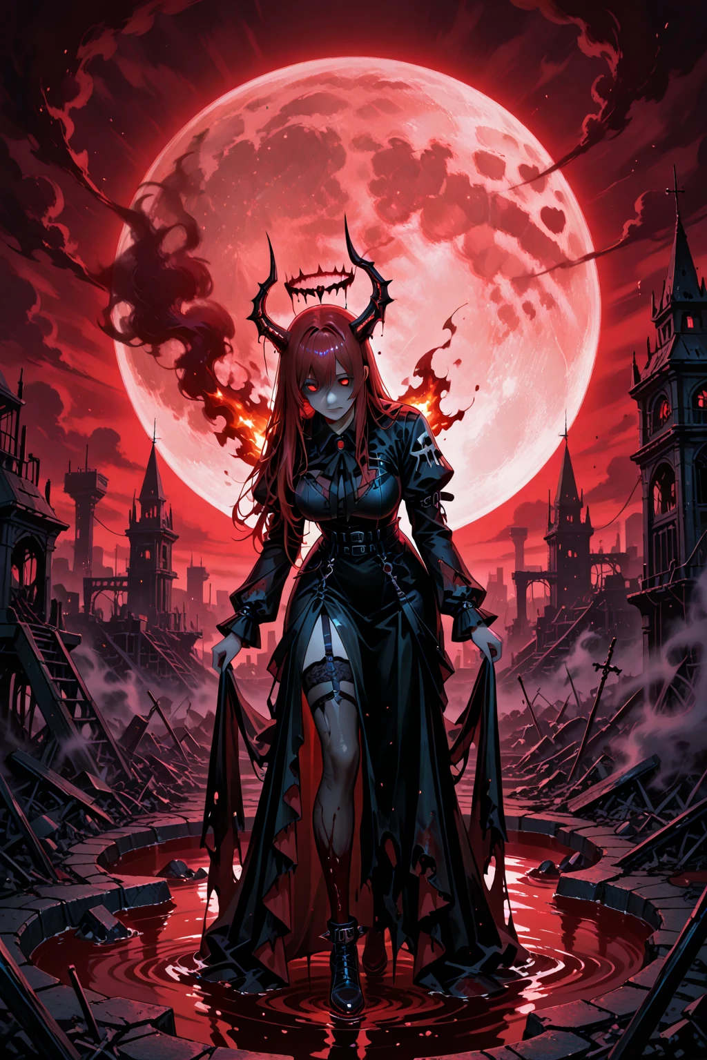 長い髪を持つbeautifulアニメ風の女性,(((Red Hair)))Long Wavy Hair,Transparent Hair,(((Highest quality)))Evil Eye,Frowning face,Extreme beauty,(((Red eyes))),Arrogant beauty,(((A well-defined, glamorous body)))((Huge bust))Tight waist,(((Bikini Armor)))黒色と赤色の際どいBikini Armorを着たExtreme beauty,(Animal bone ornament),Wolf ears and tail,((Medieval Armor)),((Modified armor with exposed chest)),Tan Skin,beautiful,(((swordsman pose))),(Spreading legs))(One hand on the buttocks),(((detailed)))Full Body Shot,scar,無数のscar,(((background)))fog,Red Moon,Countless mountains,Dark steppe。
