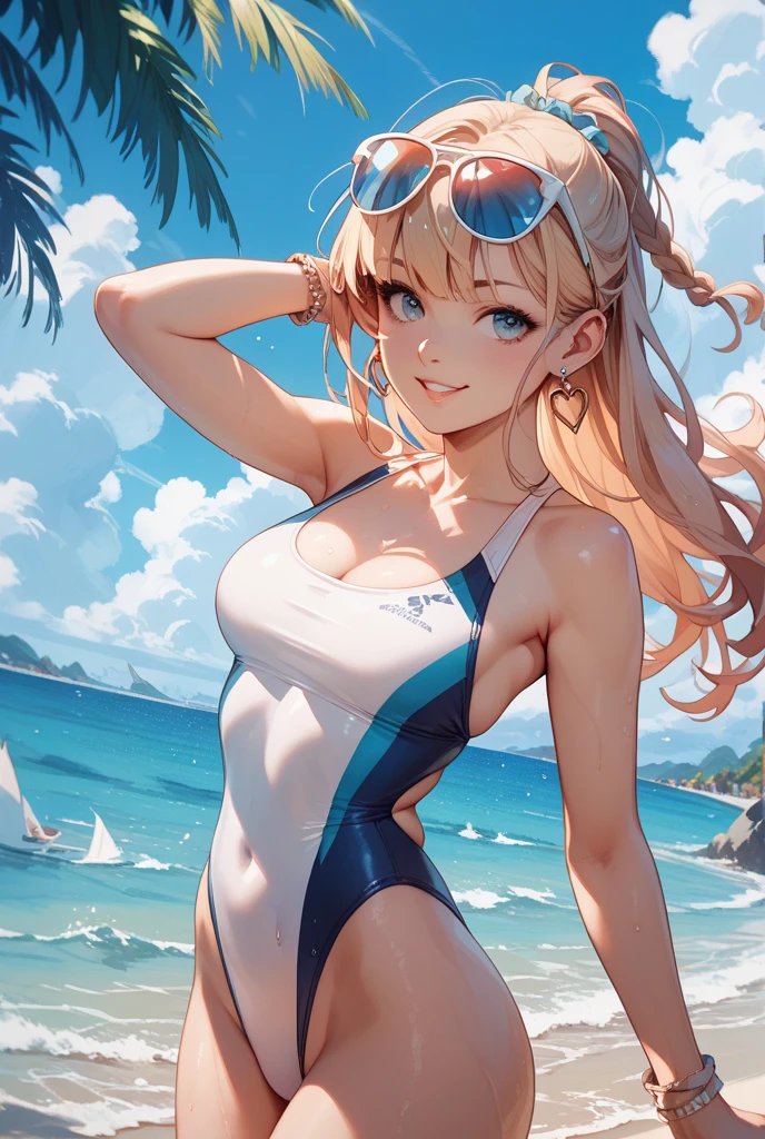 ((Top Quality)), ((Masterpiece)), ((Details)), perfect face, perfect body, sitting by the beach, listening to music, wearing headphones, wearing swimsuit, transparent swimsuit, wearing clothes exposing tight hips and breasts Woman with face visible, sitting with legs apart