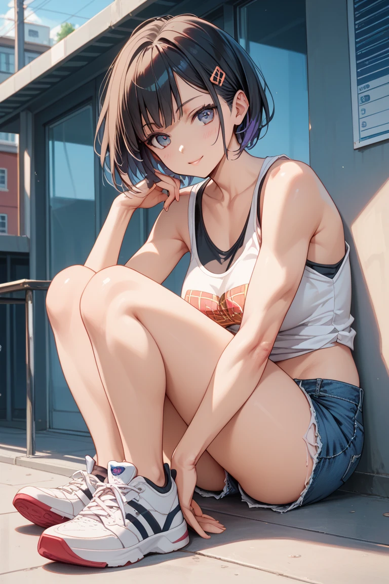 8K high quality，1 pretty girl，Tank top，jeans，Short Bob，Small breasts，Tokyo in Summer，Both hands in my pockets