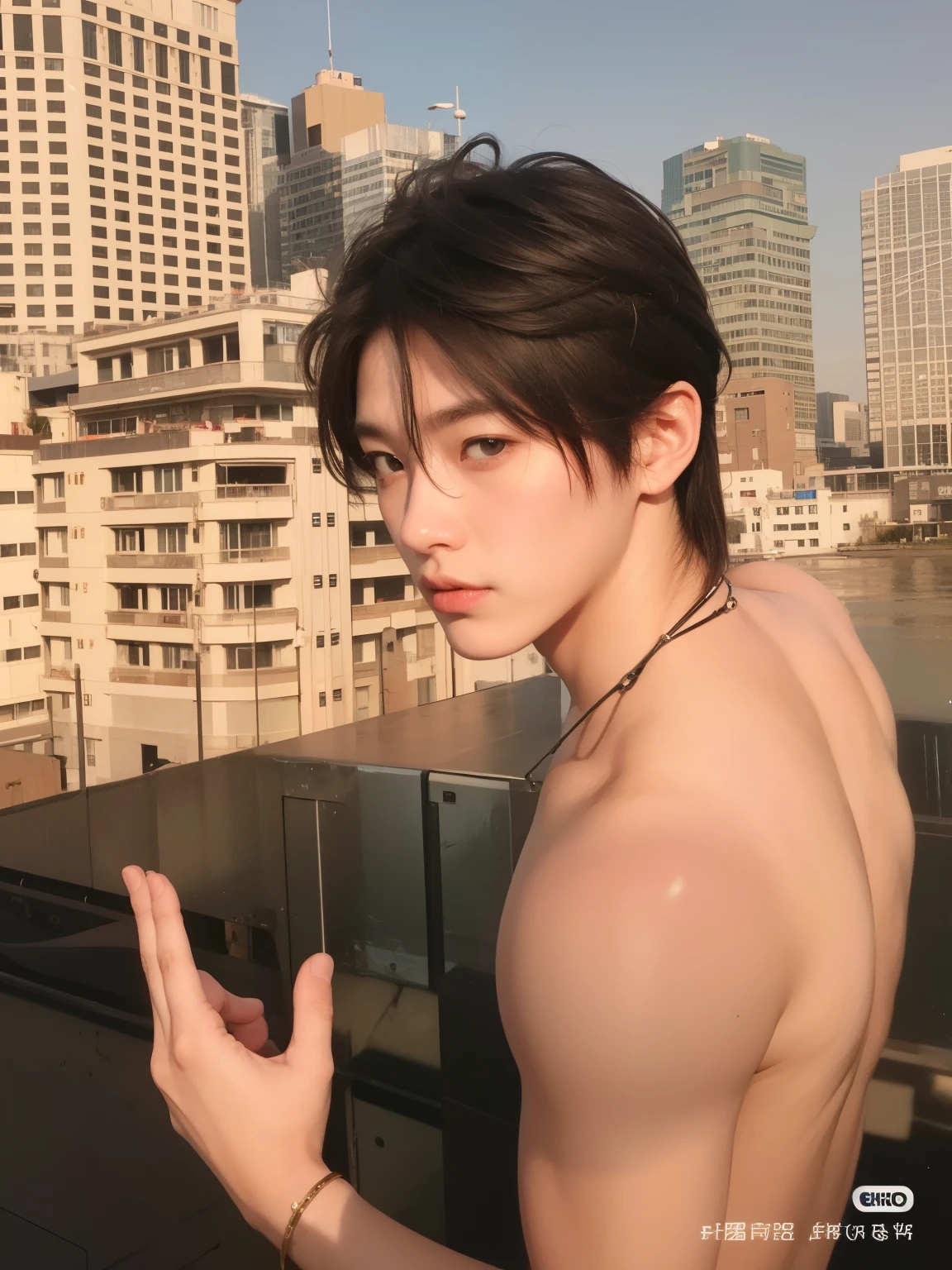 18-year-old boy, Upper body naked, White underwear ,Smooth Skin,rooftop, Black Hair, Thin、Beautiful Boy、Japanese、Dark Eyes、whole body