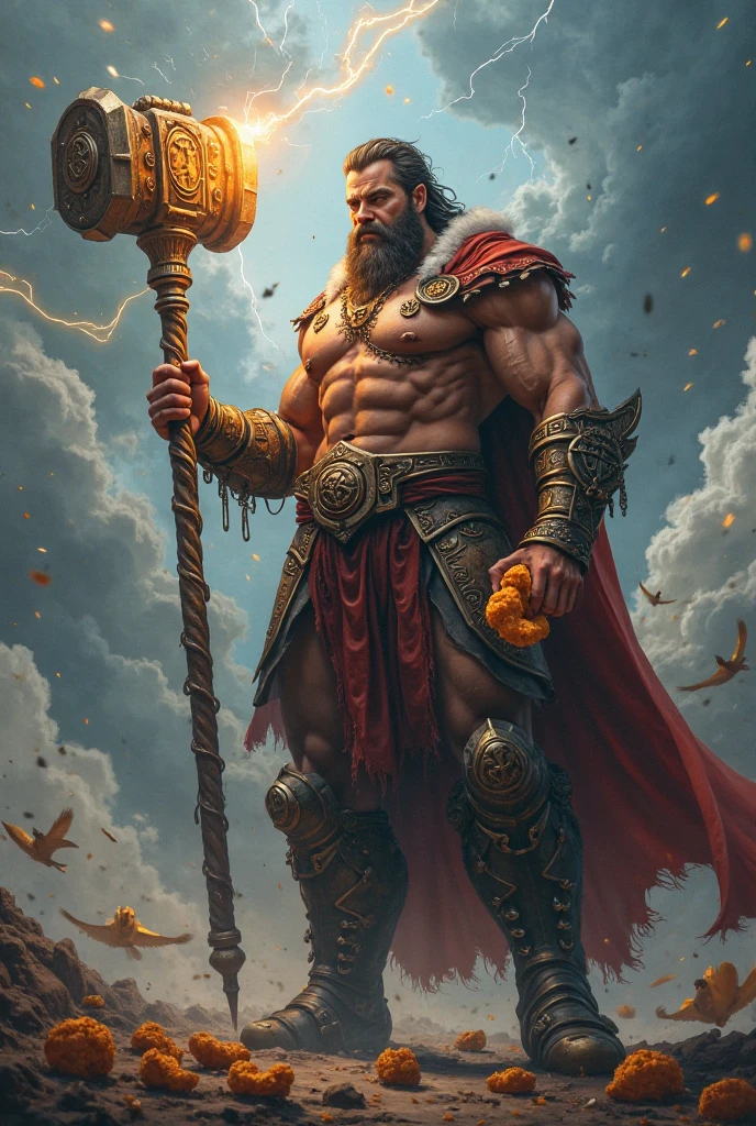 Character with a staff that looks like a sun a muscular body is powerful with a symbol of the sun orange arms with metal relief legs with disappointed symbols black eyes is yellow a metal crown that looks like the sun is a dangerous fighter side with throbbing muscles is athletic